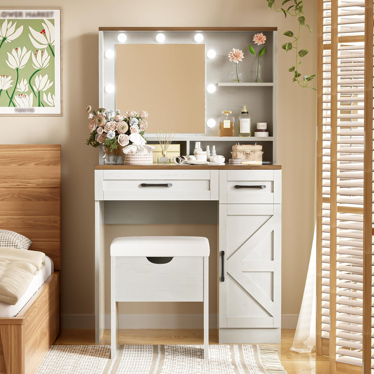 THINK 30 Farmhouse Makeup Vanity Desk with Mirror and Lights, 3 Lighting Modes, Vanity Set with Stool, Dressing Table with Adjustable Shelves,2 Drawers and Side Cabinet for Bedroom, White THINK 30
