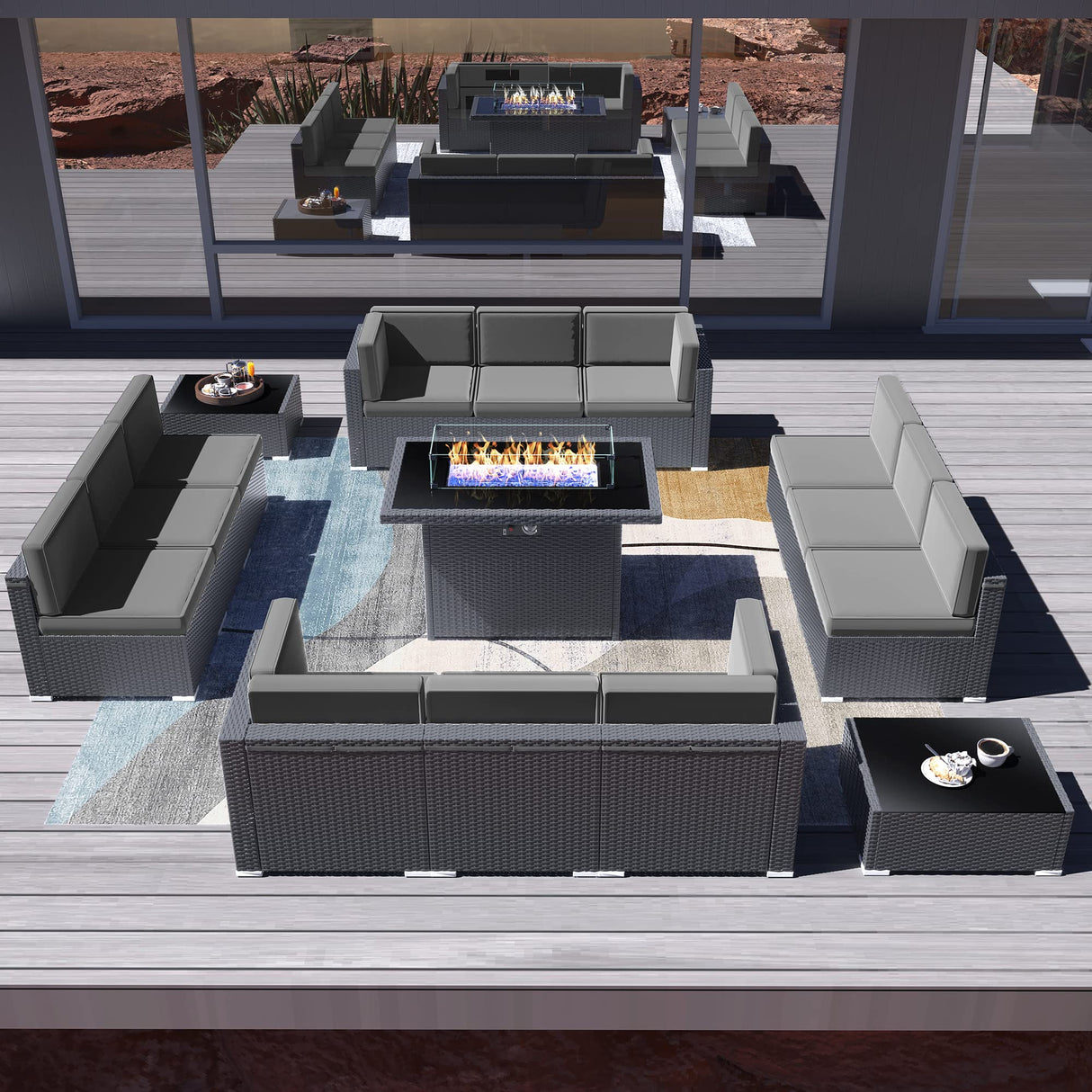 Vakollia 15 Pieces Patio Furniture Set with 44" Propane Gas Fire Pit Table, Outdoor Sectional Wicker Conversation Sofa Sets with Coffee Table Vakollia