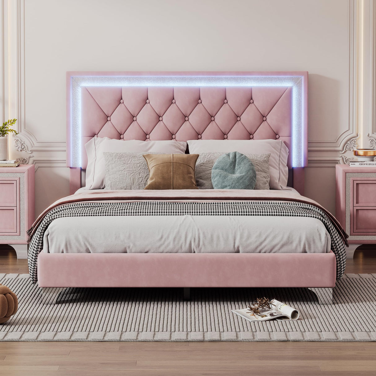 Merax Upholstered Platform Bed, Full Size LED Velvet Fabric Wooden Bed Frame with LED Lights & Tufted Headboard for Bedroom, Wood Slat Support, No Box Spring Needed, Easy Assembly (Pink) Merax