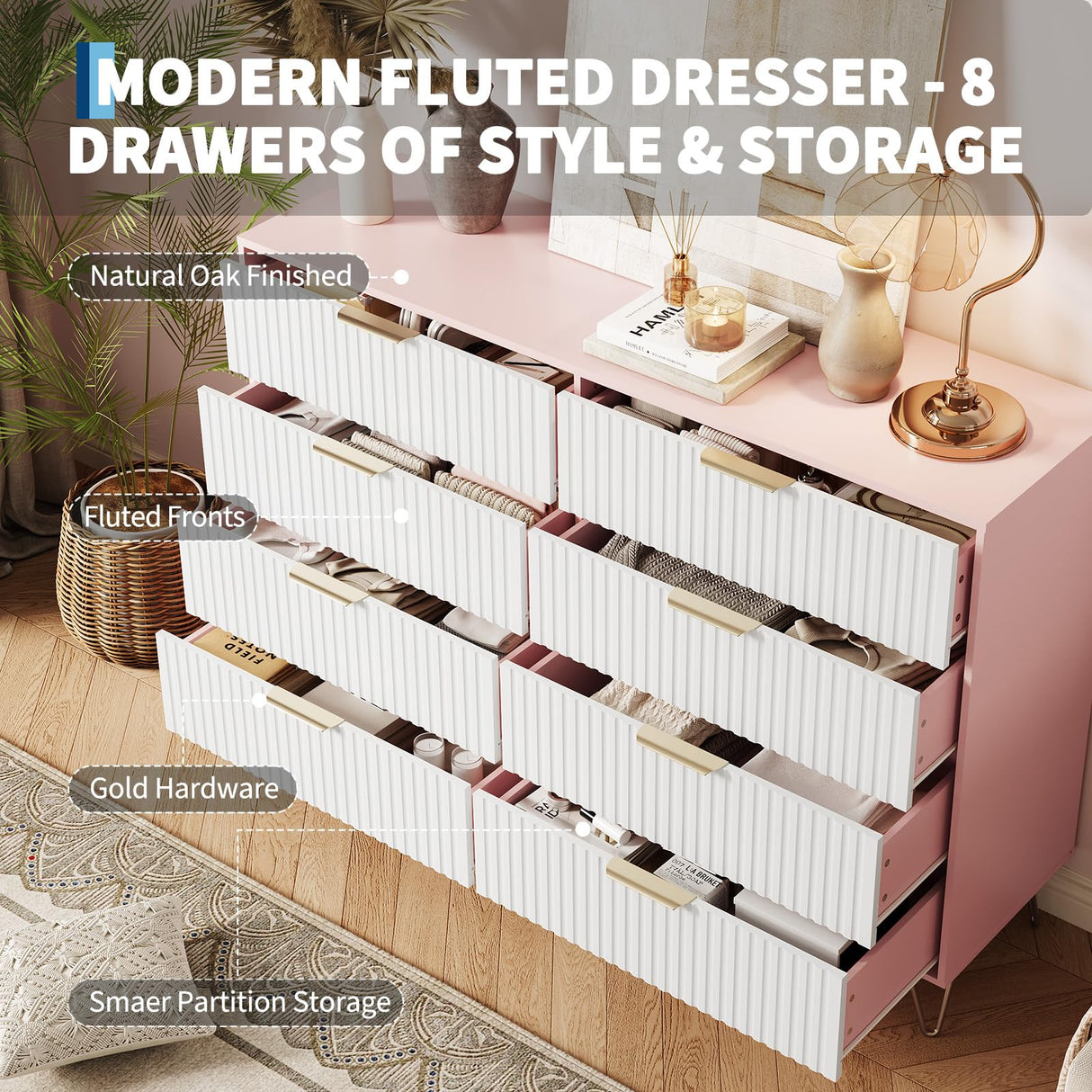 GarveeHome Fluted Dresser for Bedroom with 8 Drawers,55" Wide Modern Chest of Wooden Bedroom Chest with Metal Handle,Clothes Storage Organizer,Dresser & TV Stand for Living Room,PIink GarveeHome