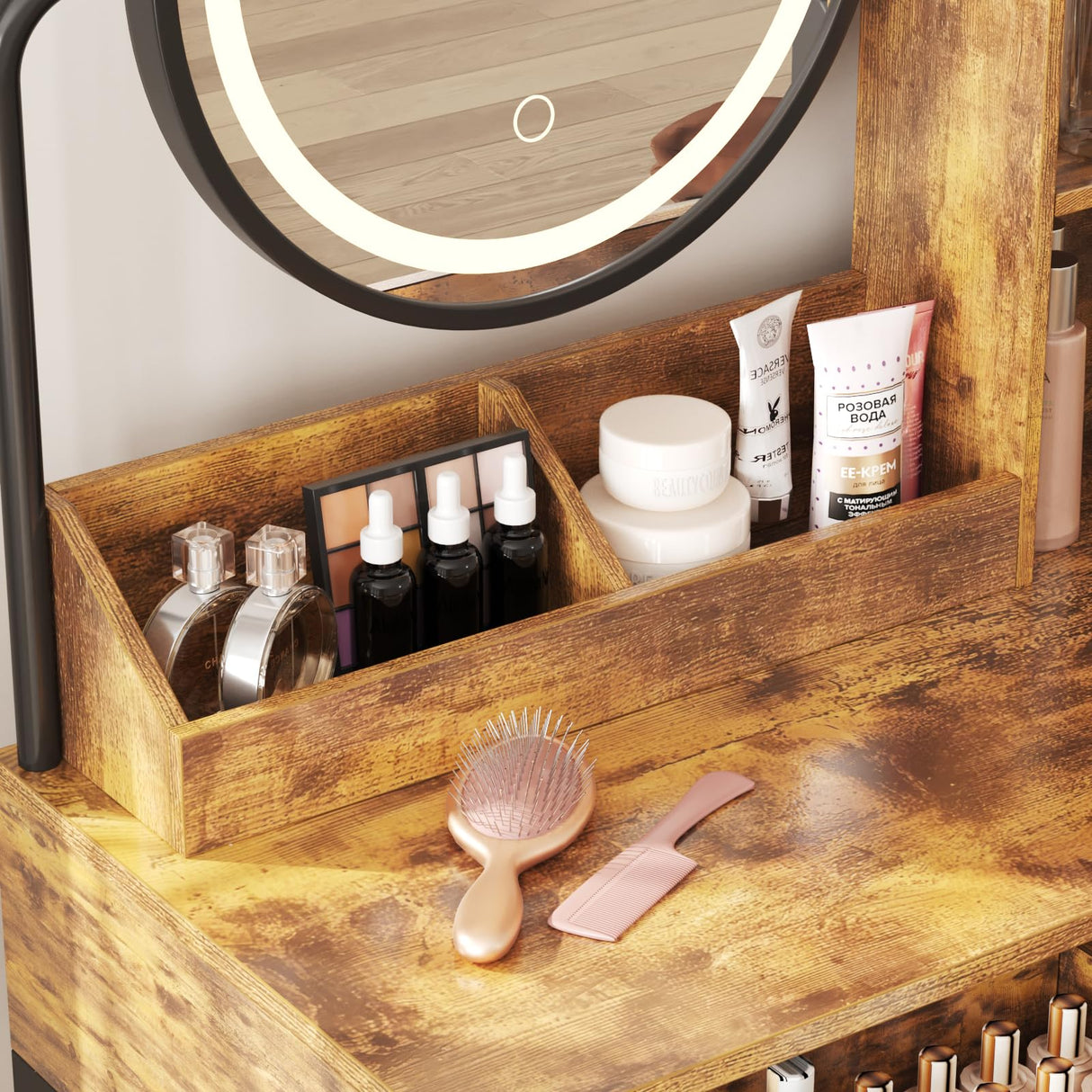 Makeup Vanity Desk with Round Mirror and Lights, Vanity Makeup Table with Hair Dryer Rack, Small Vanity Table for Bedroom with Lots Storage (Brown with Charging, 15.75 * 31.5 * 53.6in) Vabches