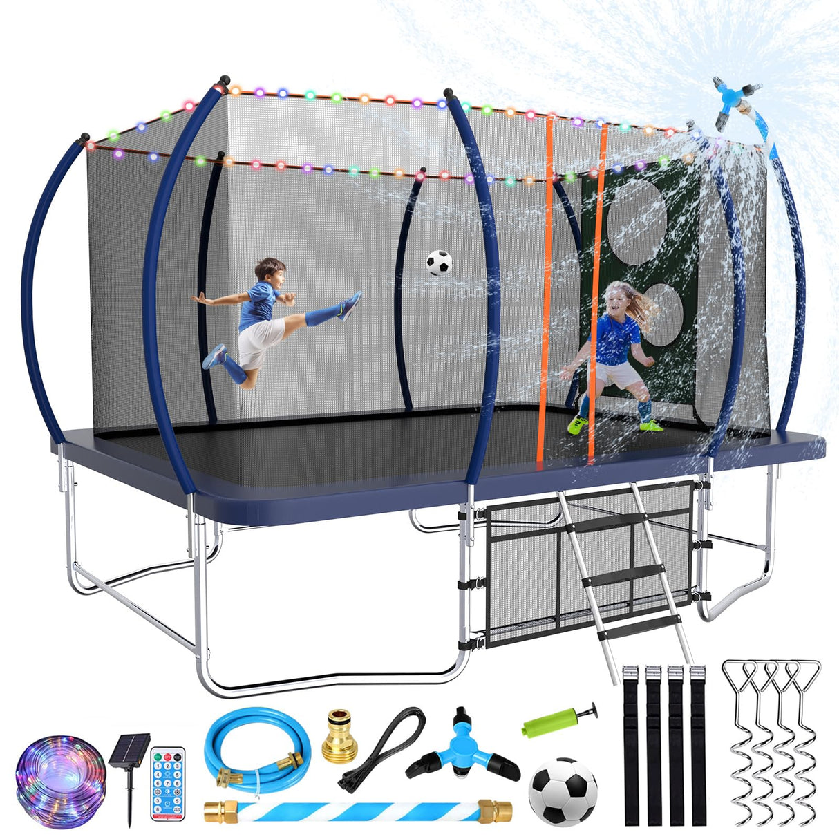 Lyromix 14FT Outdoor Rectangle Trampoline for Kids and Adults, Rectangular Trampoline with Curved Poles, Pumpkin Trampolin with Light, Sprinkler, Soccer and Storage Bag Lyromix