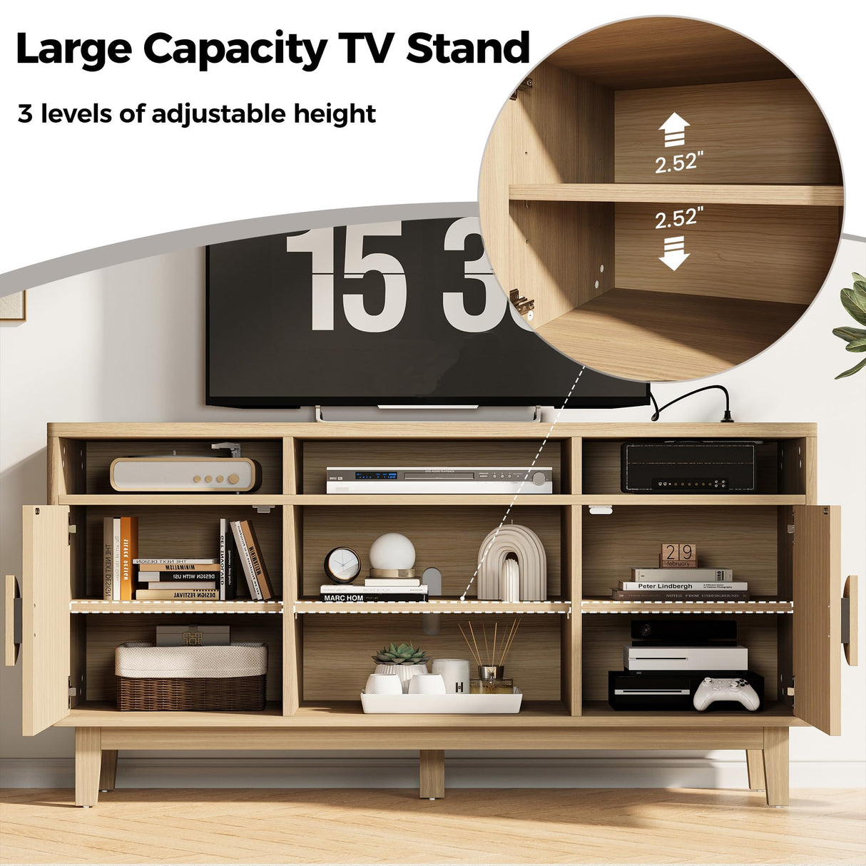 IRONCK TV Stand for 65 Inch TV, 59 Inch Entertainment Center with Storage and Charging Station, Modern Media Console with 3 Adjustable Shelf, Fluted Doors Design, Natural Oak IRONCK