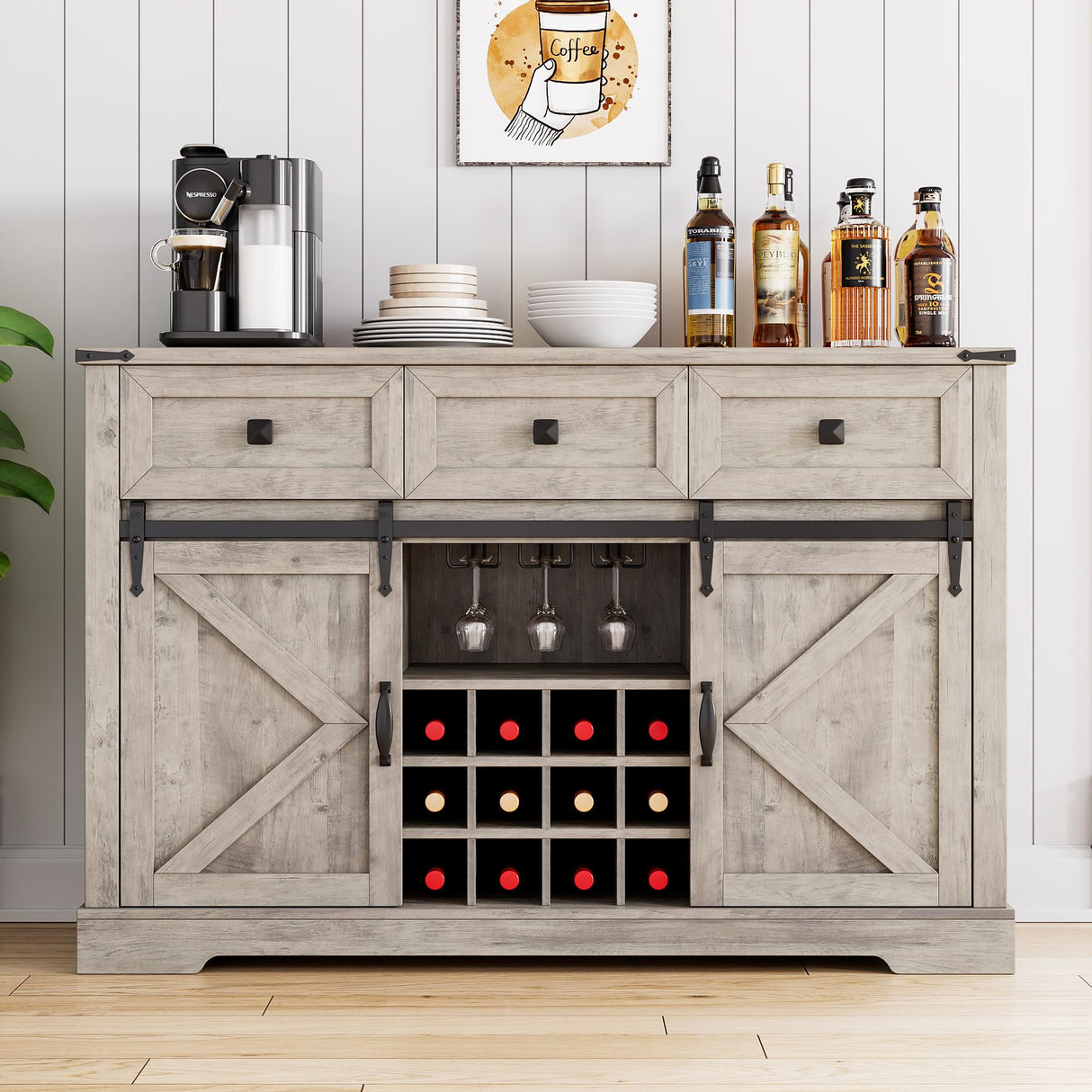 Farmhouse Buffe t Cabinet with Sliding Barn Door - Versatile Coffee Bar & Wine Storage in Washed Gray IDEALHOUSE