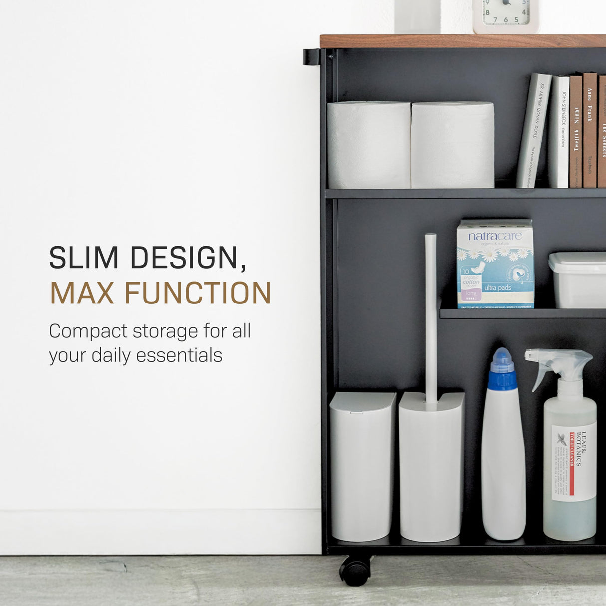 YAMAZAKI Home Slim Rolling Storage Cart – Narrow Bathroom Storage Cabinet with Handle, Slim Bathroom Storage Cart with Wheels, Easy Assembly, Steel + Wood, Black YAMAZAKI