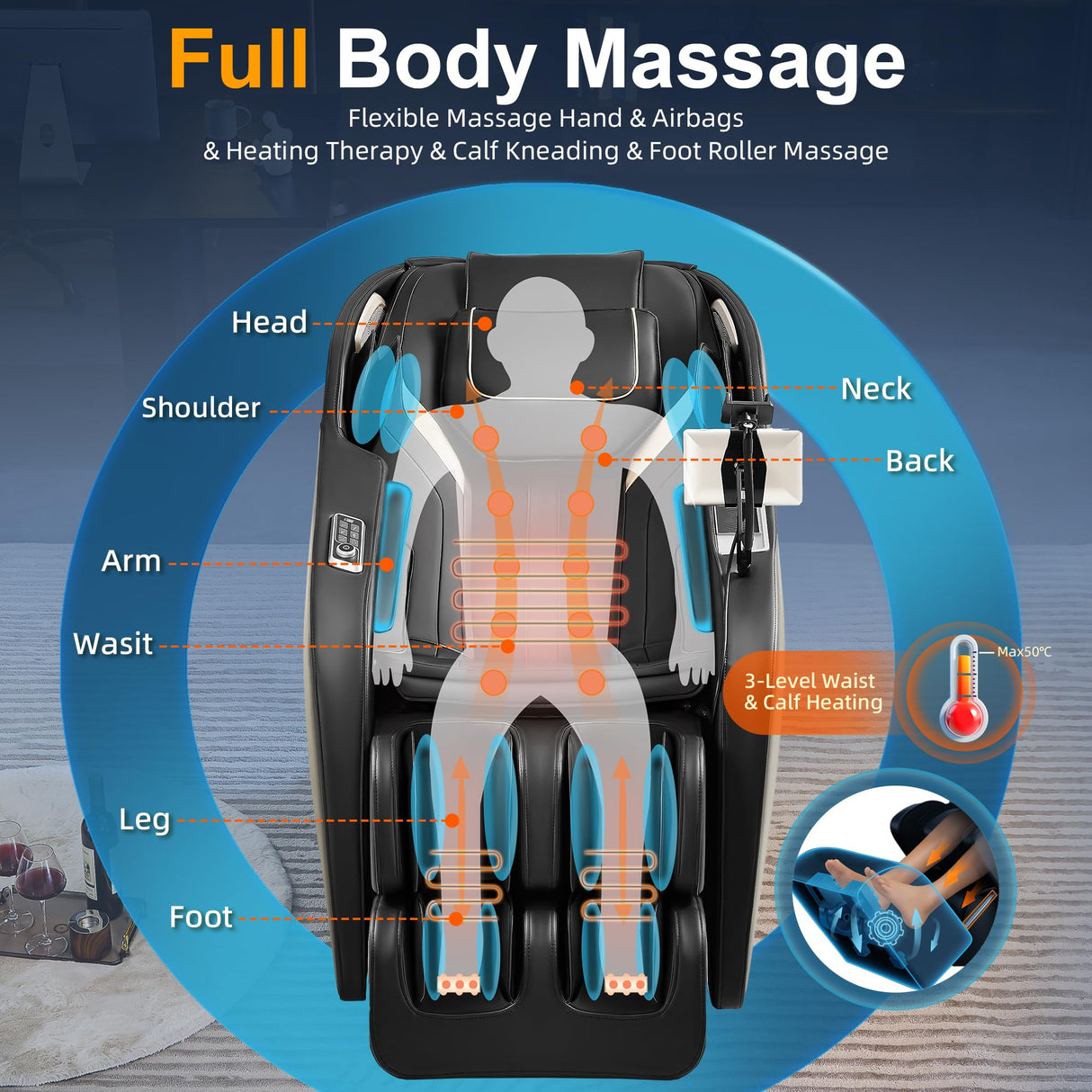 Luxury 4D Full Body Massage Chair, Zero Gravity SL-Track Shiatsu Recliner ,18 Auto Modes & 6 Massage Techniques,Lumbar & Calf Heating,Foot Roller and Calf Kneading,Voice/App/Touch Control,Body Scan GOLINYOUBIZ
