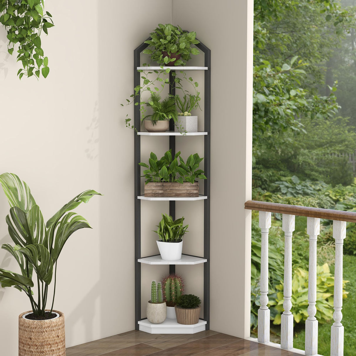 5-Tier Rustic White Corner Bookshelf - Multifunctional Storage and Display Stand Fun Memories