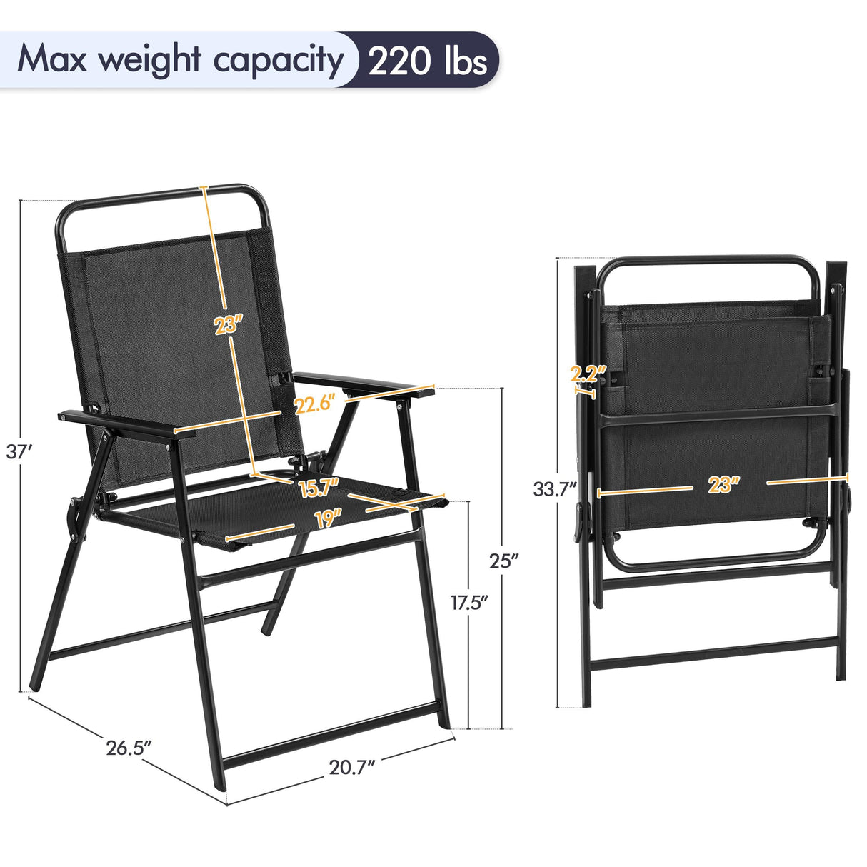 Yaheetech Outdoor Patio Chairs Set of 2, Folding Patio Chairs with Metal Frame, Armrests, Portable Dining Chairs for Camping, Lawn, Garden and Porch, Black Yaheetech