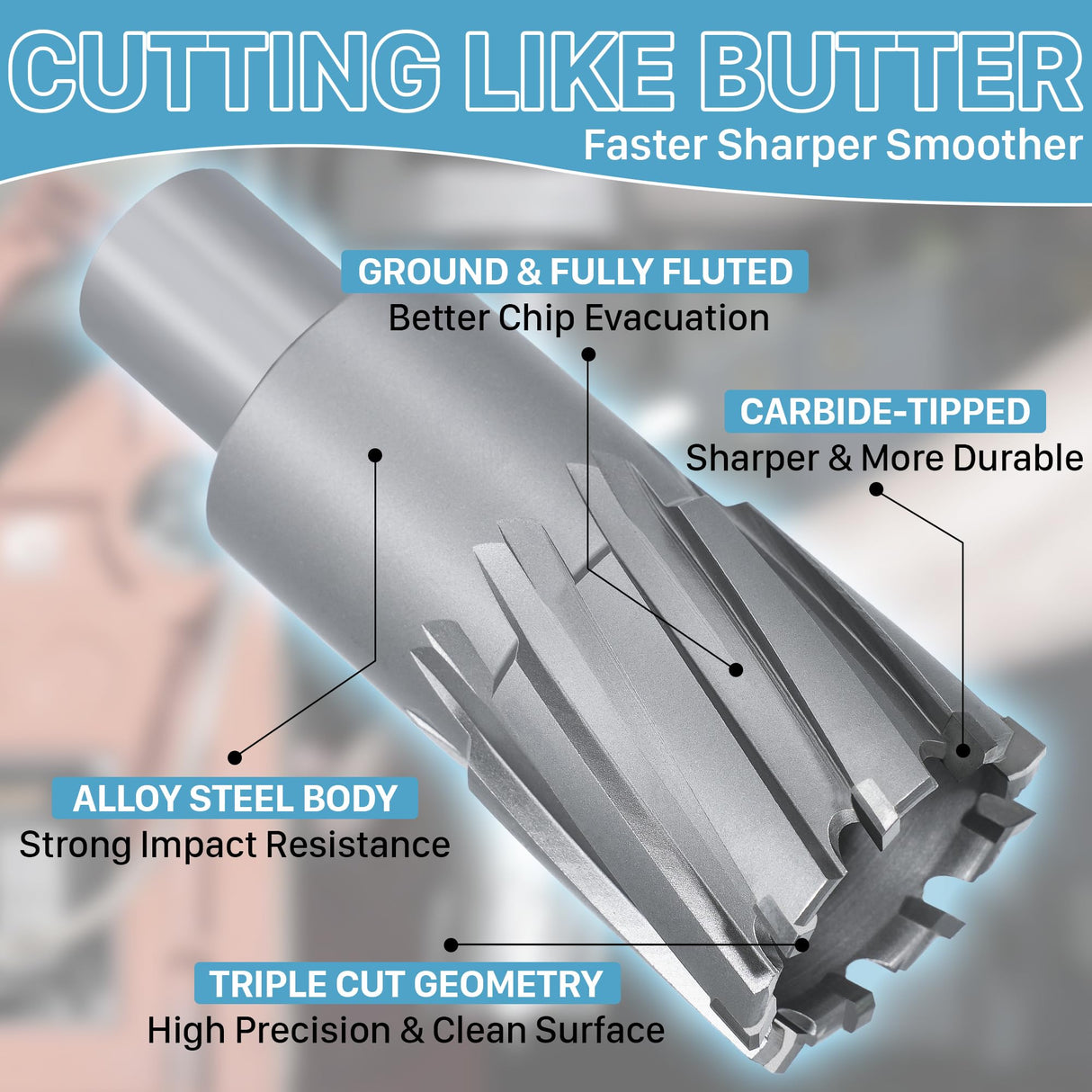 KEENTECH Carbide-Tipped Annular Cutter, 3/4" Diameter x 2" Depth, 3/4" Weldon Shank (2 Flat), High Speed Cutting TCT Mag Drill Bit with Pilot Pin for Harder Material, Stainless Steel, Cast Iron KEENTECH