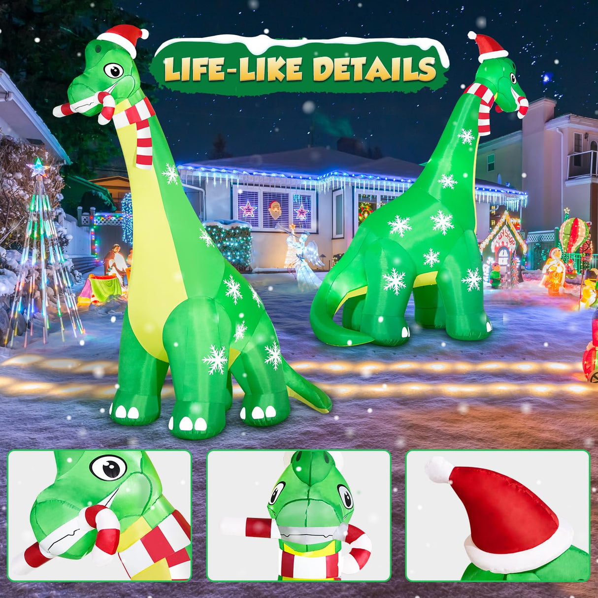 13FT Giant Dinosaur Christmas Inflatable Decorations, Built-in LED Lights, Strong Blower Huge Blow Up Yard Clearance Decor with Large Candy Cane Xmas Santa Hat Outdoor Indoor Holiday Party zukakii
