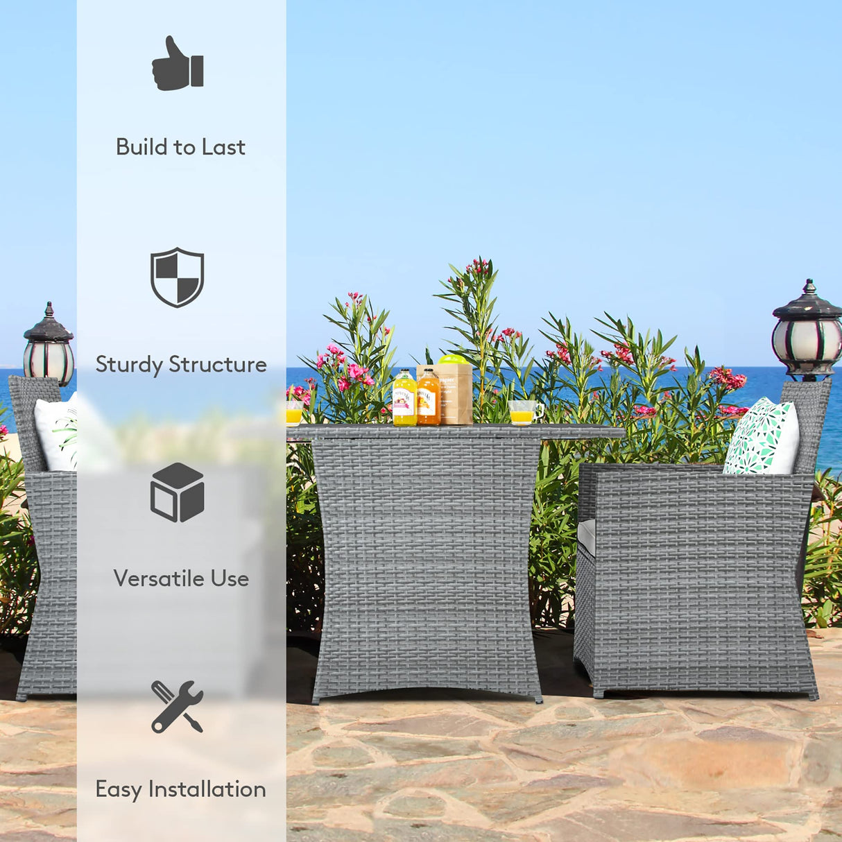 DORTALA 3 Pieces Patio Rattan Furniture Set, Outdoor Wicker Conversation Set with Sponge and Coffee Table, Cushioned Dining Bistro Chair Set for Patio Garden Backyard Pool, White DORTALA