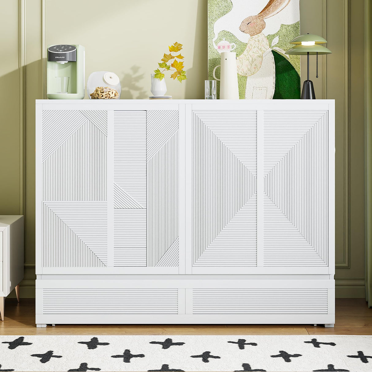 HABITRIO Full Size Murphy Bed, Wood Full Murphy Bed Frame with Large Drawer, USB Ports and Outlets, White HABITRIO