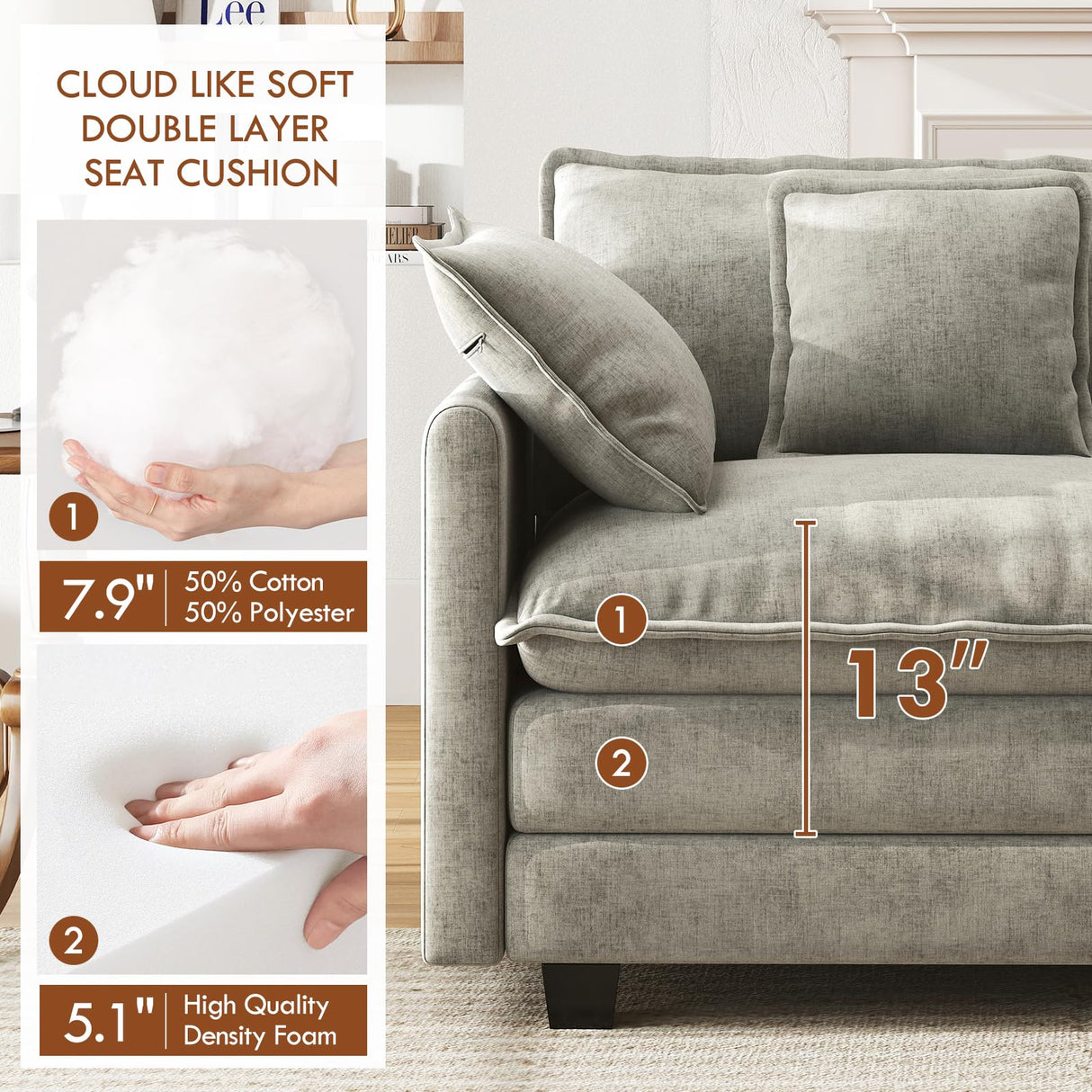 WorthFurni 111.4” Cloud Couch, Modular Sectional Sofa, Comfy Modern 3-Seater Couches with Pillows & Upholstered Deep Seat Cushion for Apartment Living Room Bedroom (Grey) WorthFurni