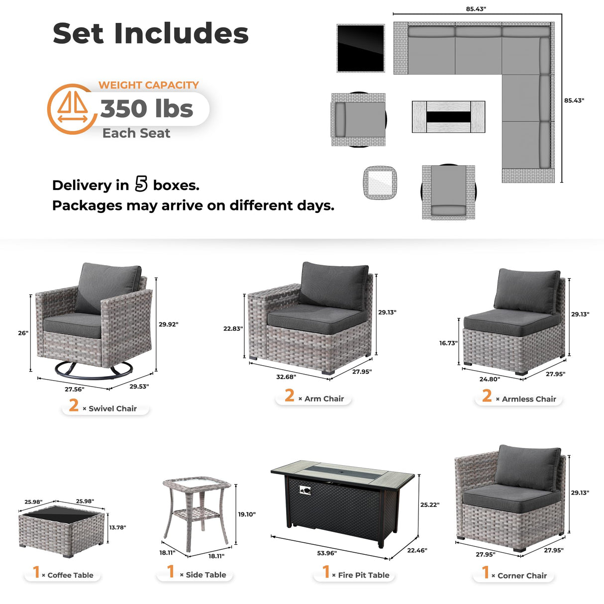 ovios 10 Pieces Patio Furniture Set, Outdoor Wicker Sectional Sofa with 54" Fire Pit Table Swivel Chairs, Modern Modular Deep Seat Rattan Couch Conversation Sets, Black ovios