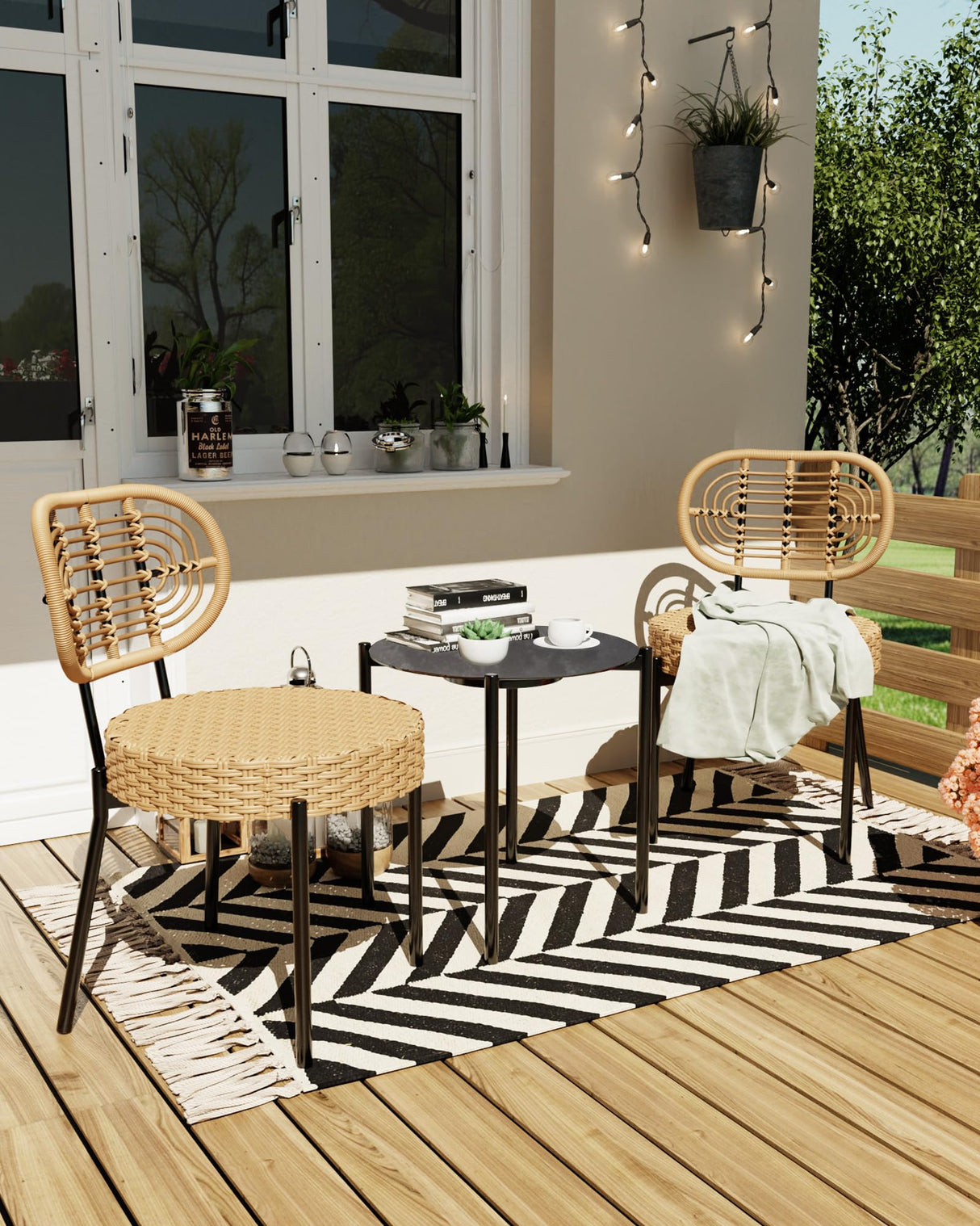 GarveeLife 3 Piece Wicker Patio Bistro Furniture Set, Outdoor Dining Chairs, Includes 2 Rattan Chairs and Tempered Glass Table, for Garden, Backyard, Balcony, Apartment (Black & Brown) GarveeLife