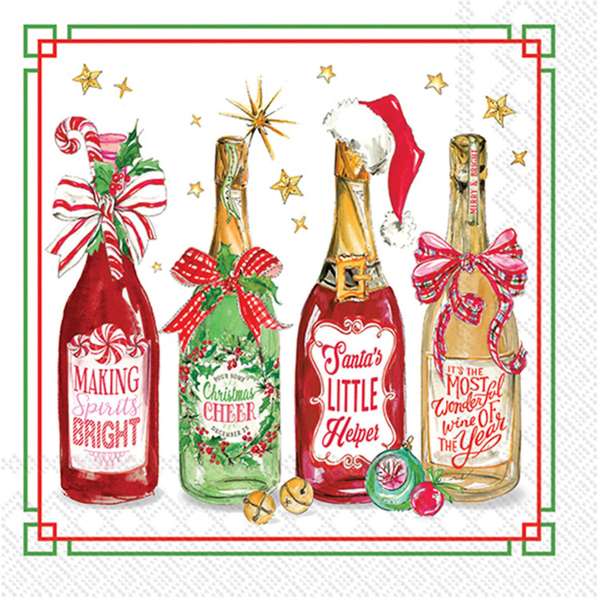 IHR Ideal Home Range Christmas Holiday Napkins Rosanne Beck - Disposable 3-Ply Paper Party Napkin Pack, Cocktail Size 5" x 5", Christmas Bottles, 20-Count IHR Ideal Home Range
