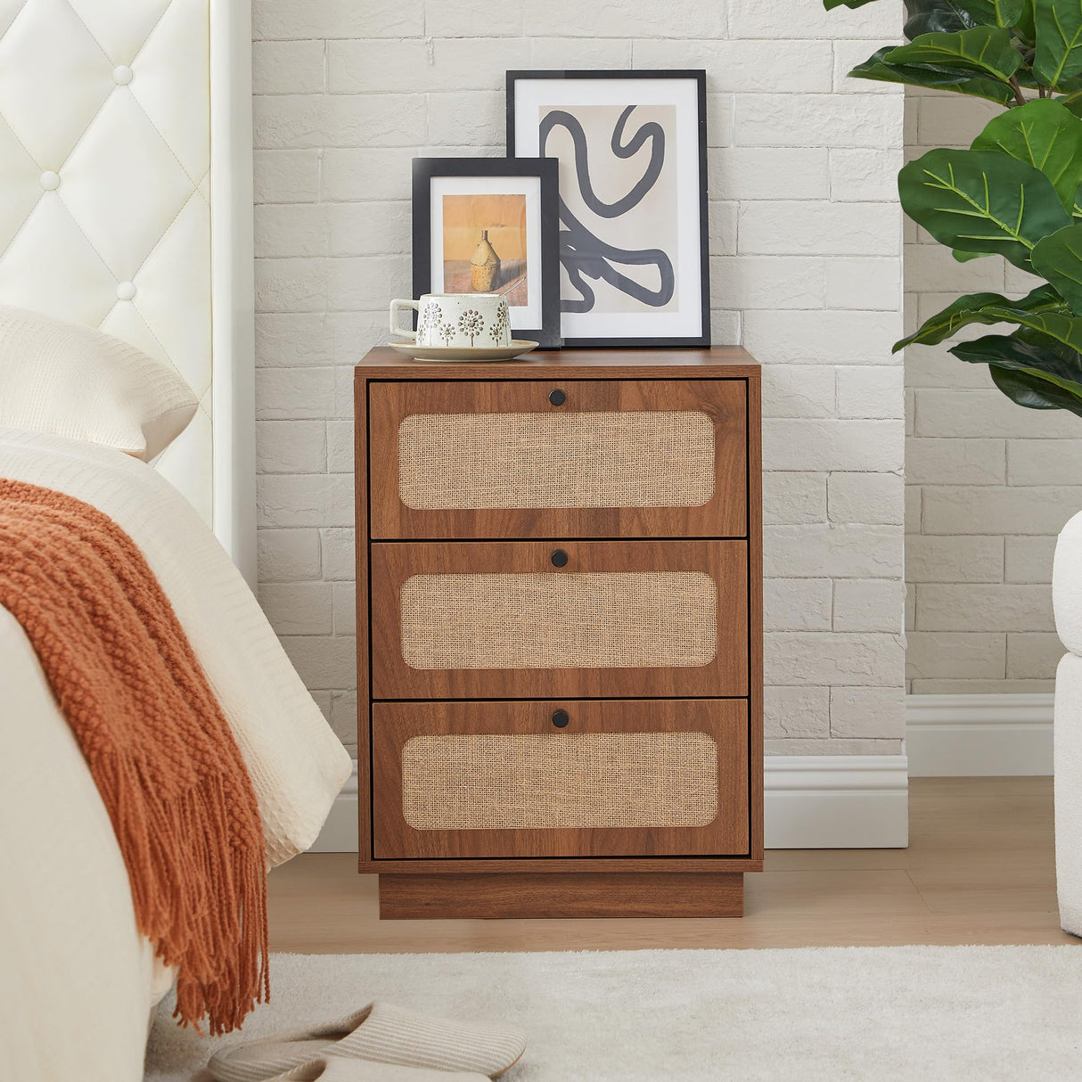 AVZEAR Mid Century Night Stand Set of 2, Modern Nightstand with 3 Drawers and Nature Linen Panel, Wood Bedside Table Rustic End Table for Small Space, Dorm, Bedroom(Walnut) AVZEAR