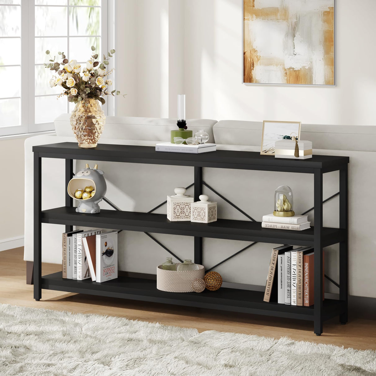 Tribesigns 55-Inch Industrial Sofa Table, 3-Tier Console Table with Metal Frame and Open Shelves, Modern Decorative Shelf, Open TV Shelf for Living Room, Entryway, Hallyway (Black) Tribesigns