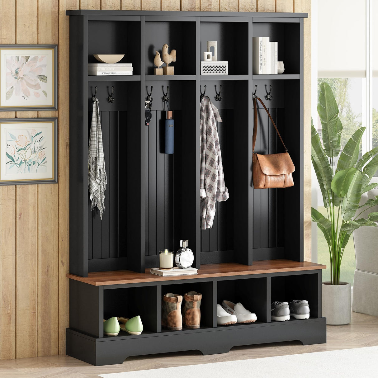 75''H Farmhouse Hall Tree With Bench And Shoe Storage, Entryway Bench With Open Compartments Coat Rack, 8 Shoe Cubbies & 8 Coat Hooks, For Mudroom, Hallway Storages Cabinet, Living Room (Black) PurityVow