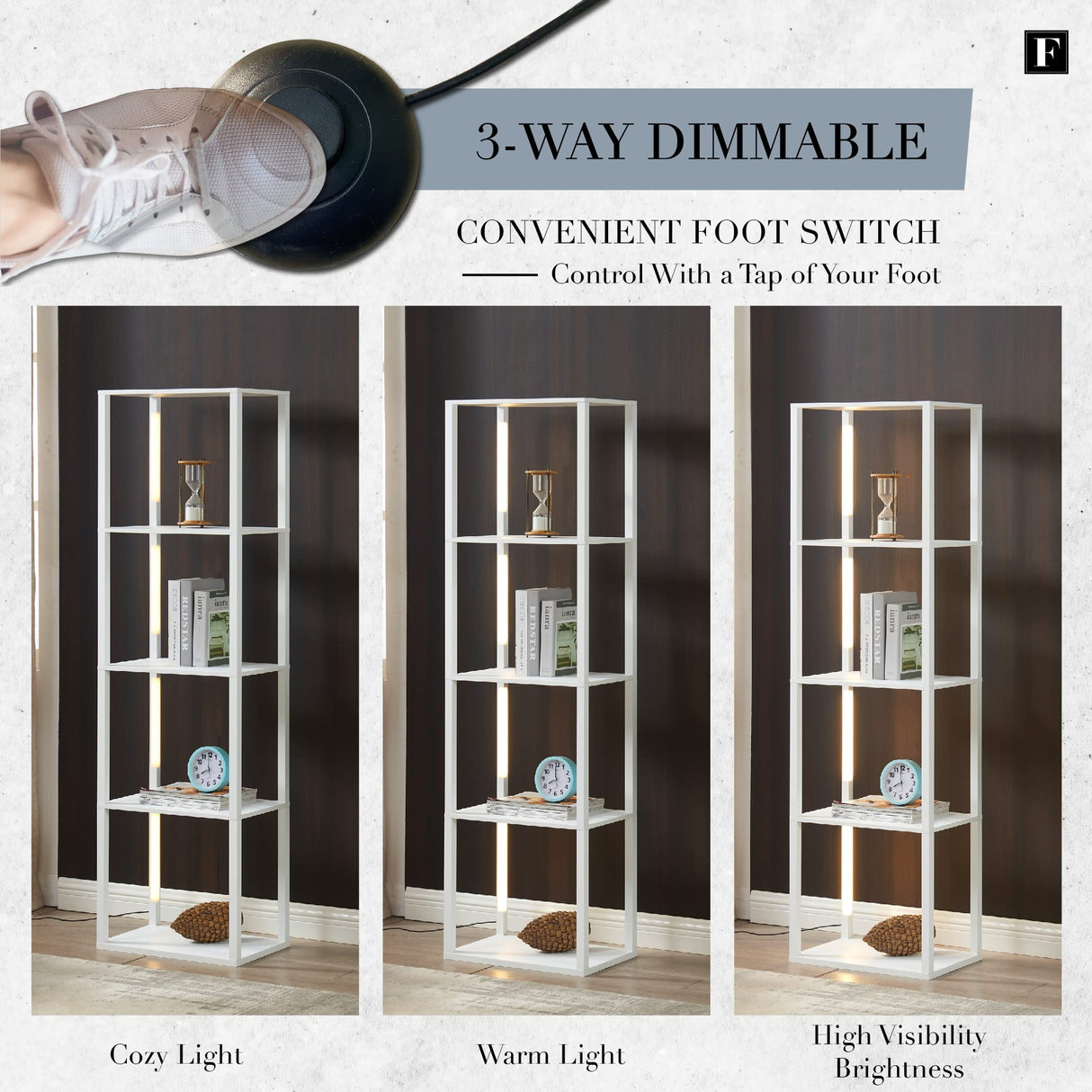 FENLO Fancy - LED Display Shelf with Dimmable Lights, LED Floor Lamps for Living Room, Sturdy Corner Curio Cabinet Display, Tall Floor Lamps with Shelves FENLO