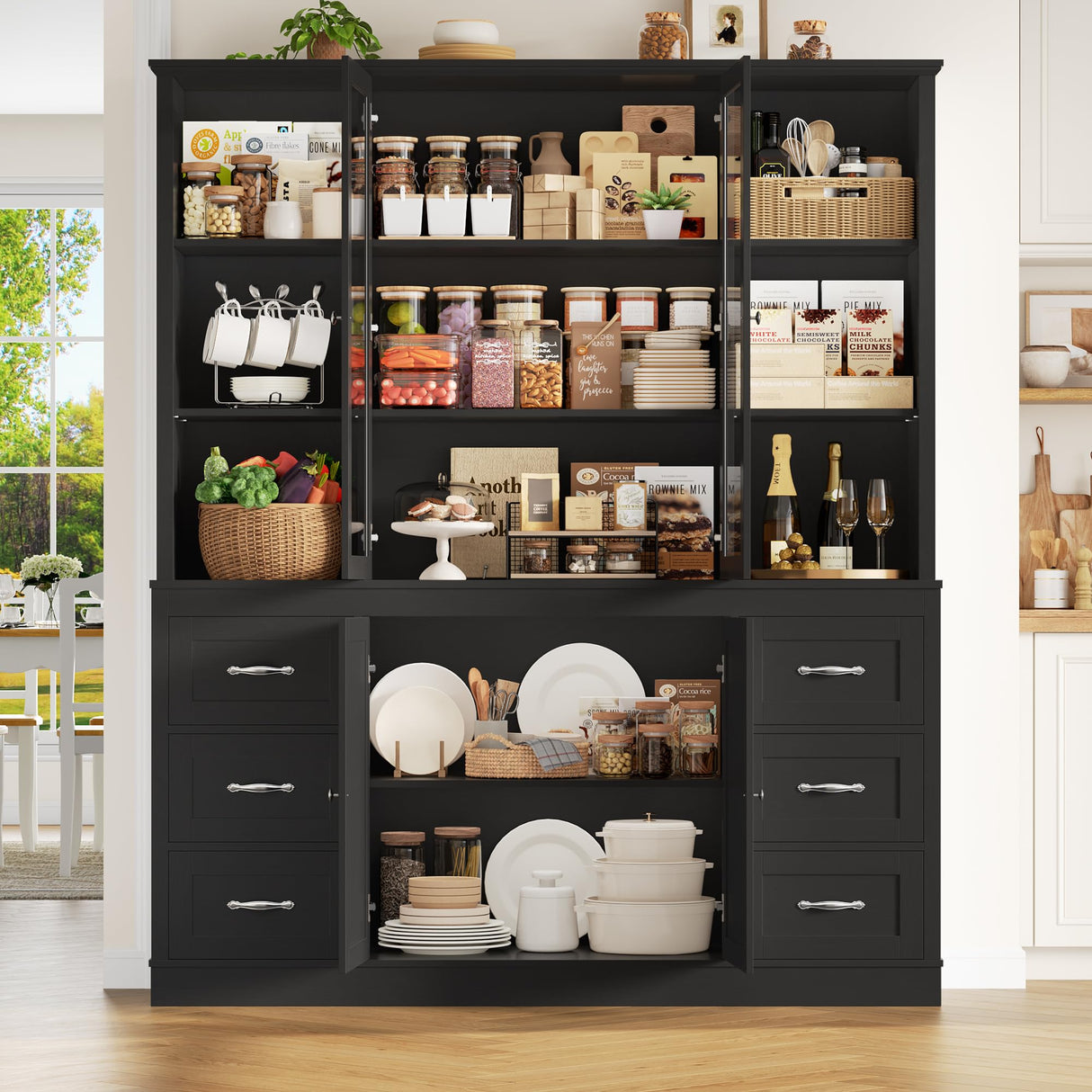 HIFIT 74.4'' Tall Kitchen Pantry Storage Cabinet, 63'' Wide Large Kitchen Hutch, Farmhouse Pantry Cabinet, Bookcases and Bookshelves with 6 Drawers & 4 Doors, Black Glass China Hutch for Living Room HIFIT