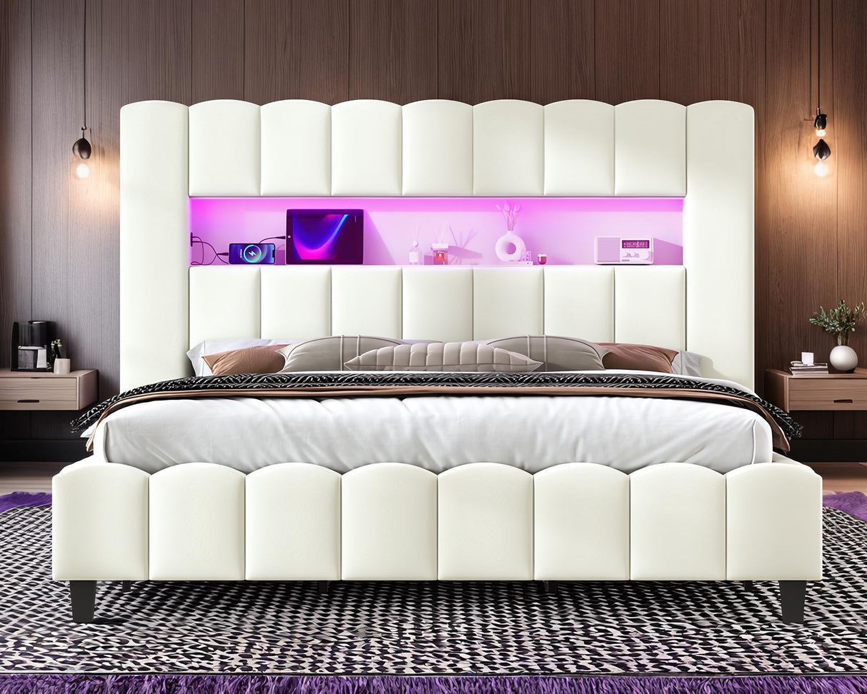 Jocisland King Bed Frame with 51.2" Tall Headboard, LED Lights & Charging Station, Velvet Upholstered Platform, No Box Spring Required, Cream Jocisland