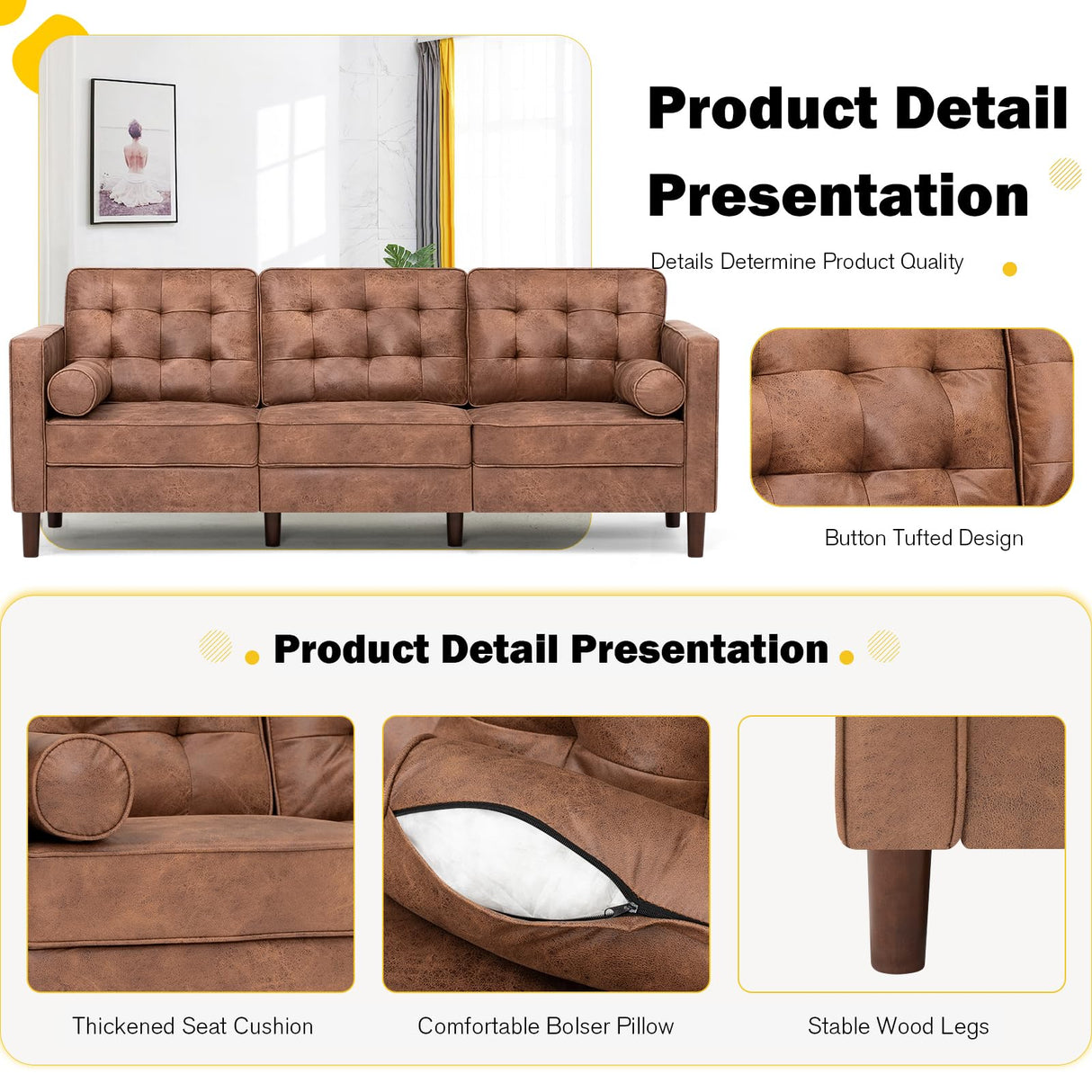 Lesofair 84" Suede Leather Sofa with 2 Soft Pillows, Tufted Modern Sofa with Sturdy Wooden Legs, 3 Seats Couch for Living Room, Office, Bedroom, Brown Lesofair