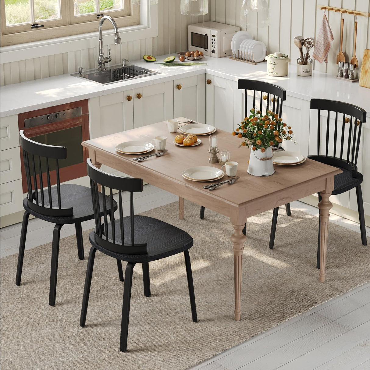 Unovivy Black Dining Chairs Set of 2, Wooden Windsor Chairs, Farmhouse Kitchen Chairs, Black Spindle Chair for Dining Room, Restaurant Unovivy