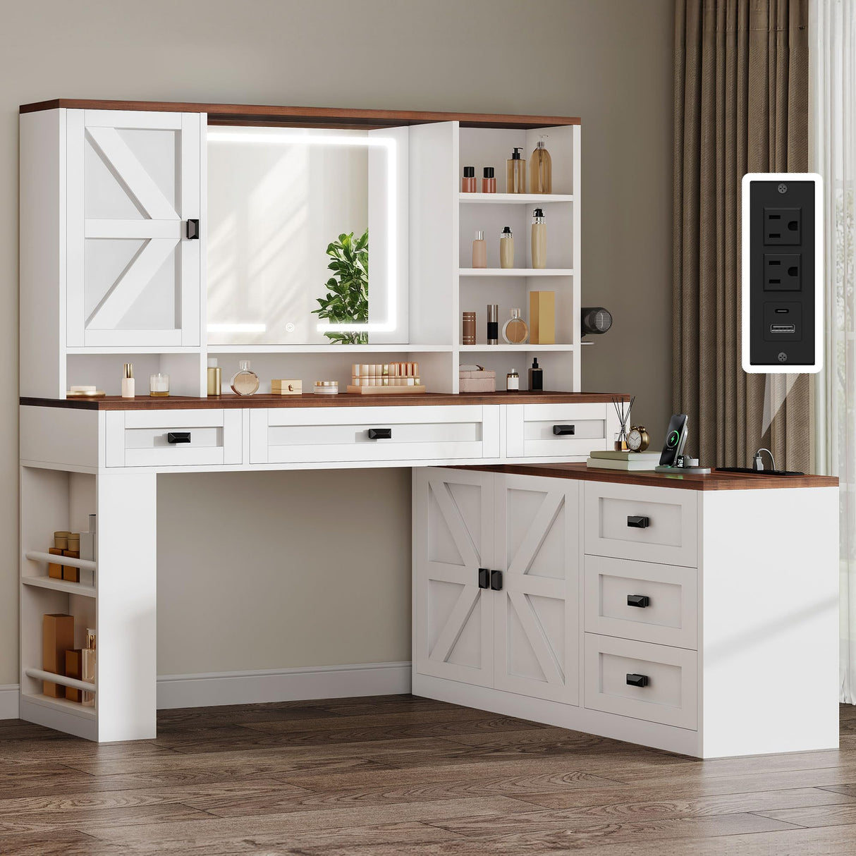 YITAHOME 48'' Farmhouse Makeup Vanity Desk with Mirror and Lights, 68'' 360° Rotation Big Modern Lighted Vanity Table with 6 Drawers & Lots Shelves, Rustic Large Dressing Table, Antique White YITAHOME