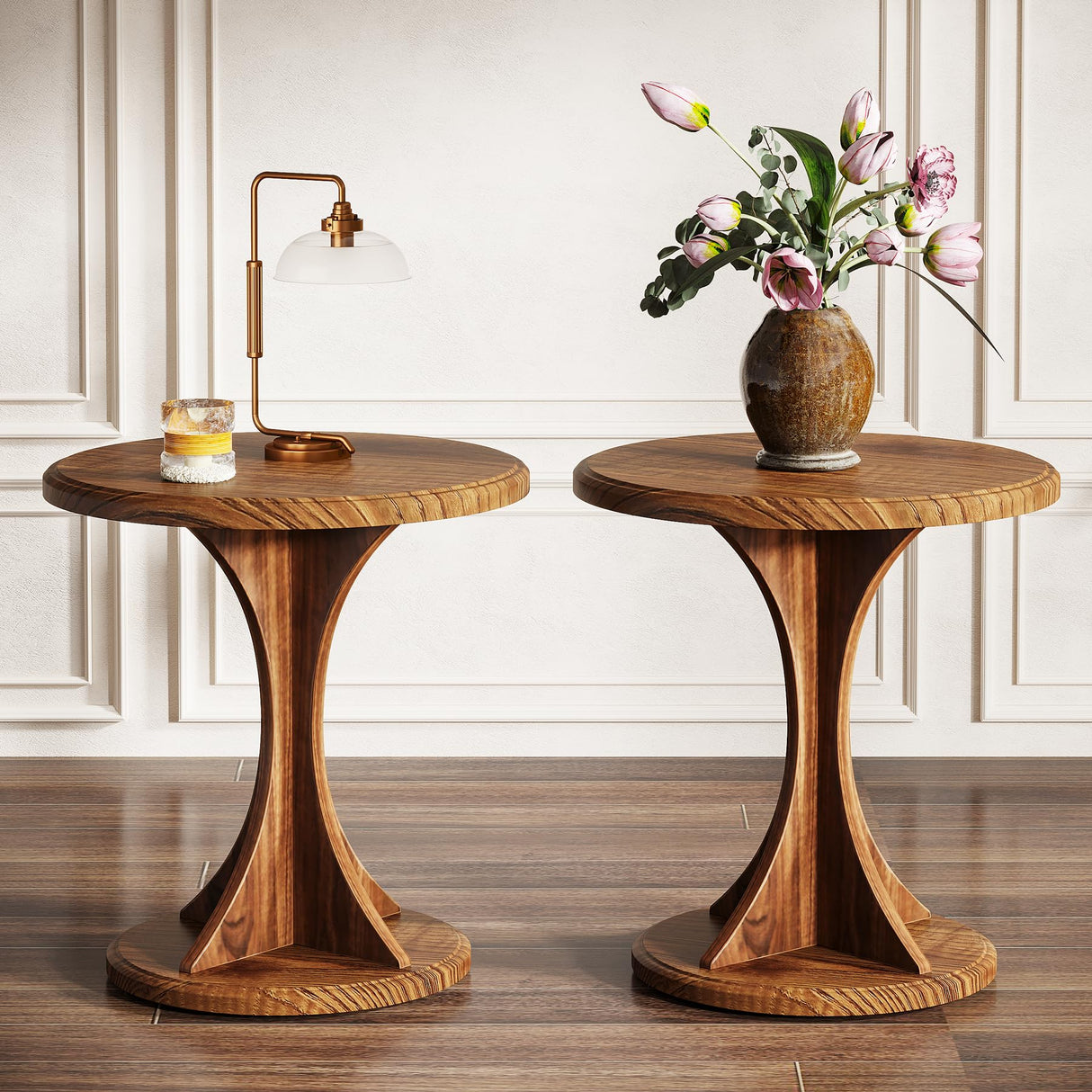 Tribesigns Round End Side Table: Wood Sofa Chair Side Table Set of 2, Mid-Century Bedside Nightstand for Bedroom, Accent Table, Easy Assembly, Vintage Brown Tribesigns