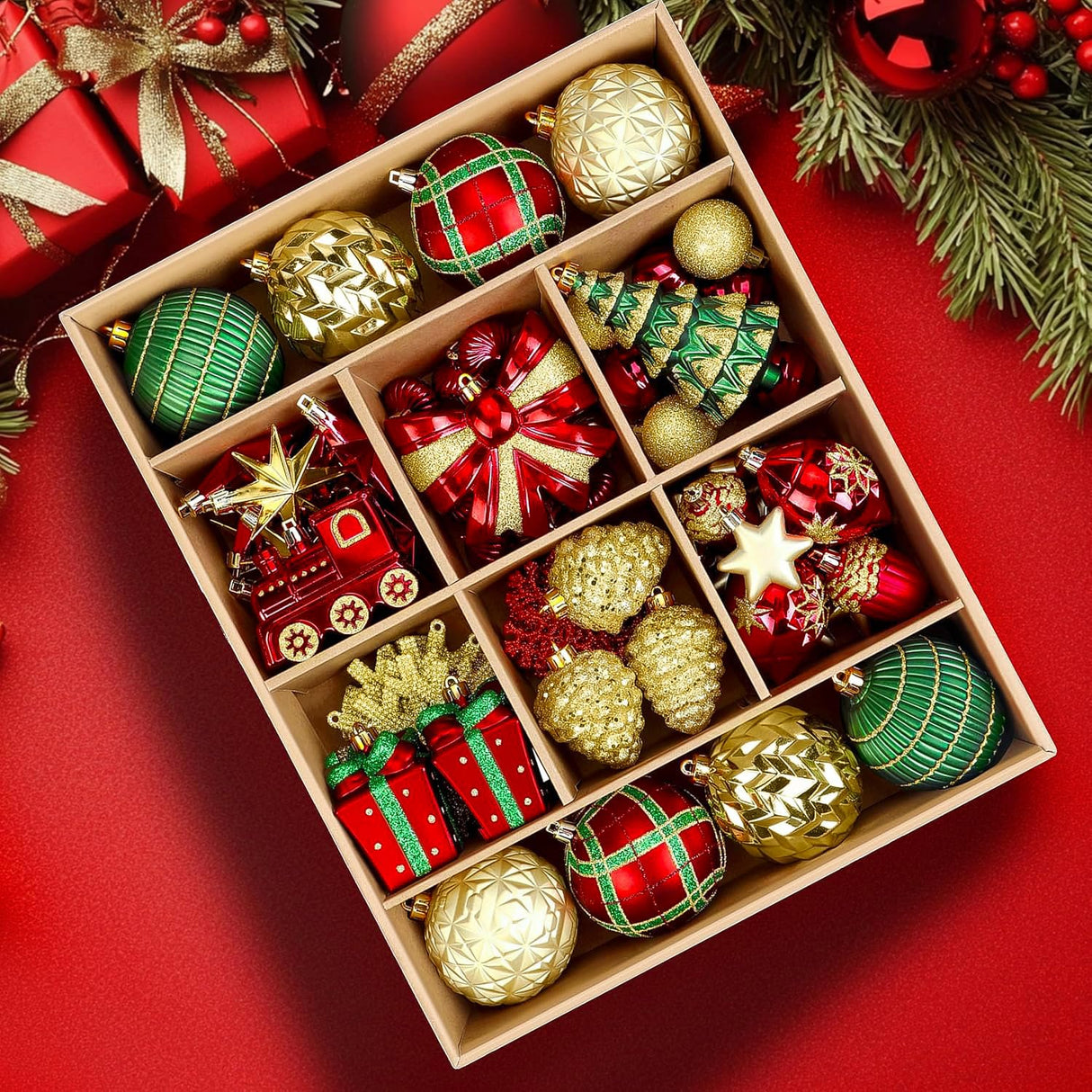 Alupssuc 82pcs Christmas Balls Ornaments Set, Delightful Classic Gift Set, Shatterproof Plastic Decor for Xmas Tree Holiday Wedding Party Decorations with Hanging Strings, Gold, Red and Green Alupssuc