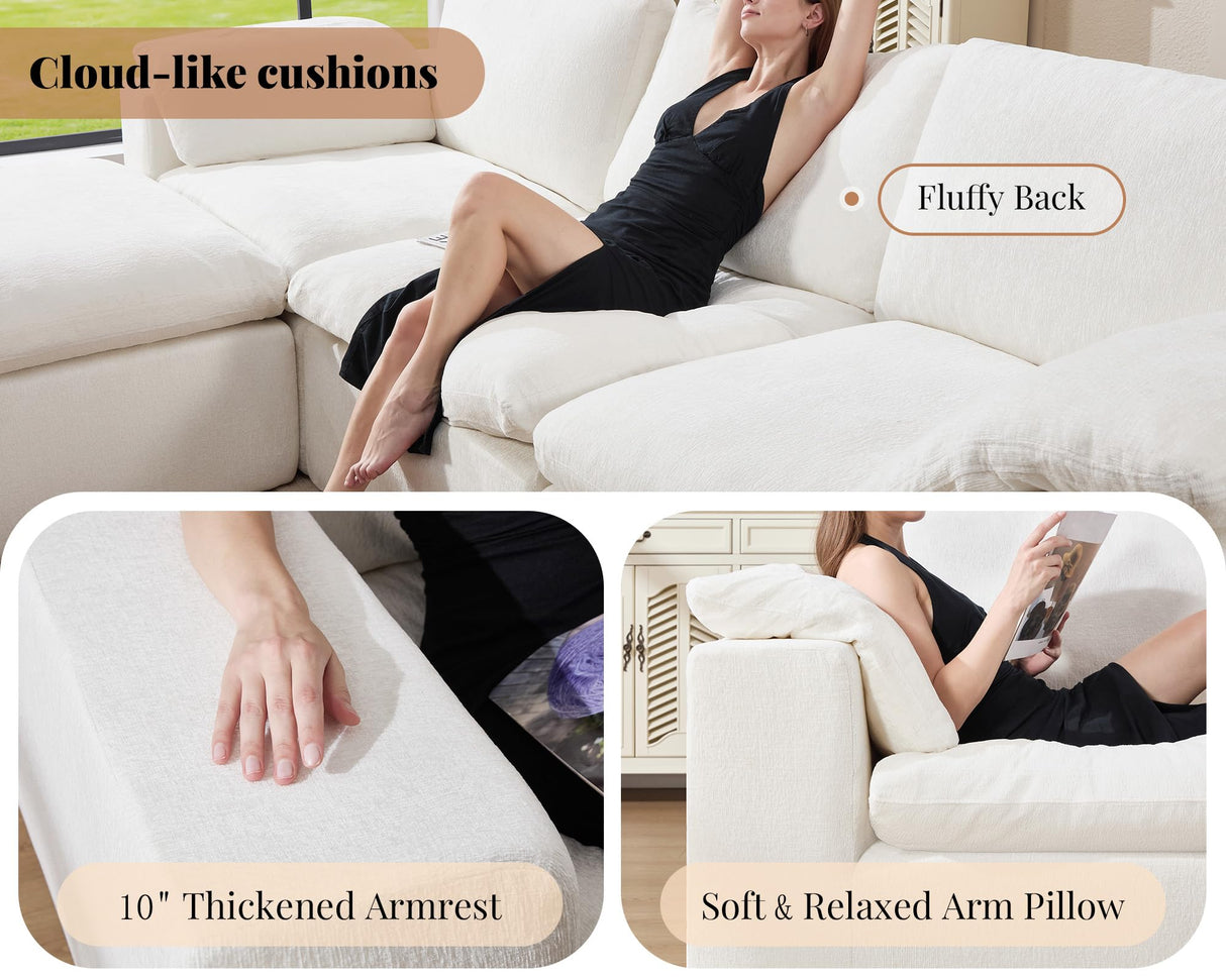 Jocisland 130 inch Cloud Couch Sectional, No-Assembly Modular Sectional Sofa with 83.5 inch Deep Chaise, Oversize Cloud Couch for Living Room, White Chenille Jocisland