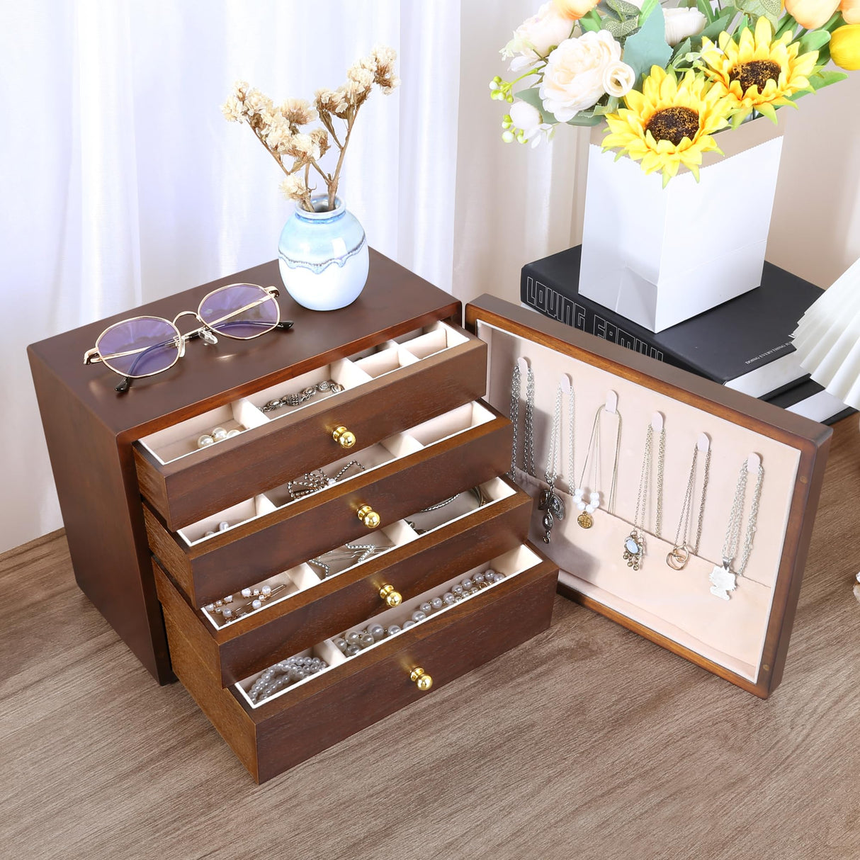 Kendal Wooden Jewelry Box for Women, Wooden Jewelry Organizer, 4-Layer Jewelry Organizer Box with Side Door, Single Door Jewelry Holder Organizer for Earrings, Necklaces, Rings Kendal