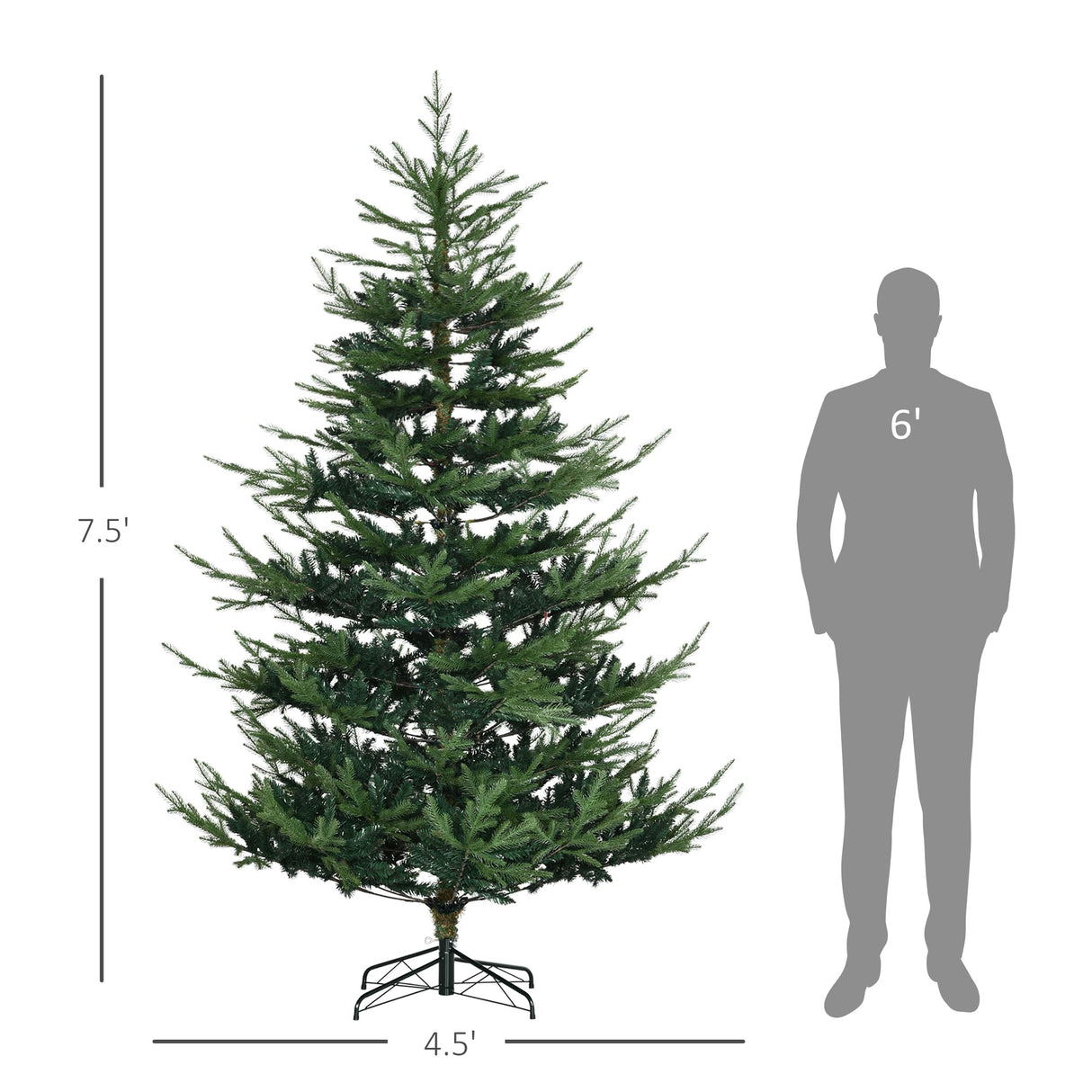 HOMCOM 7.5 Foot Artificial Christmas Tree, Pine Hinged Xmas Tree with 1218 Realistic Branches, Steel Base, Auto Open, Green HOMCOM