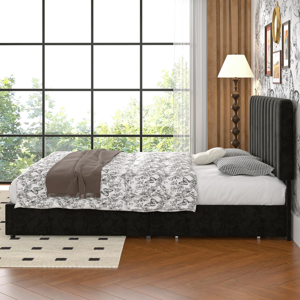 VECELO Queen Size Upholstered Bed Frame with 4 Drawers and Headboard, Velvet Platform Storage Bedframe, Wooden Slats Support, No Box Spring Needed,Black VECELO