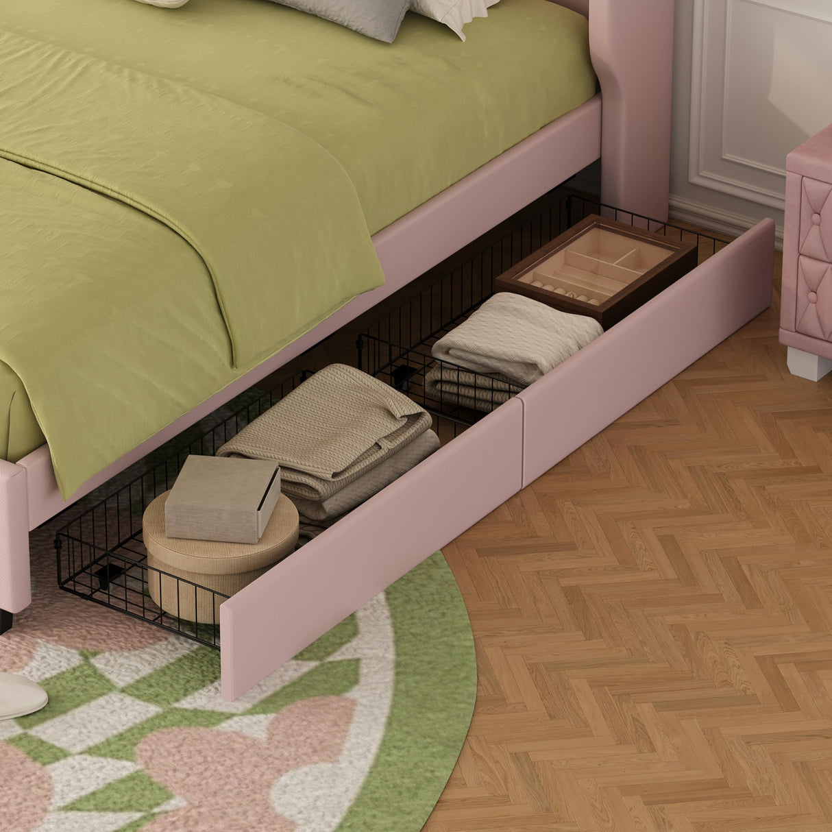 Queen Size Platform Bed Frame, Linen Fabric Upholstered Bed with Wingback Headboard, Twin Size Trundle and 2 Drawers, No Box Spring Needed, Easy Assembly (Pink) BEDGJH