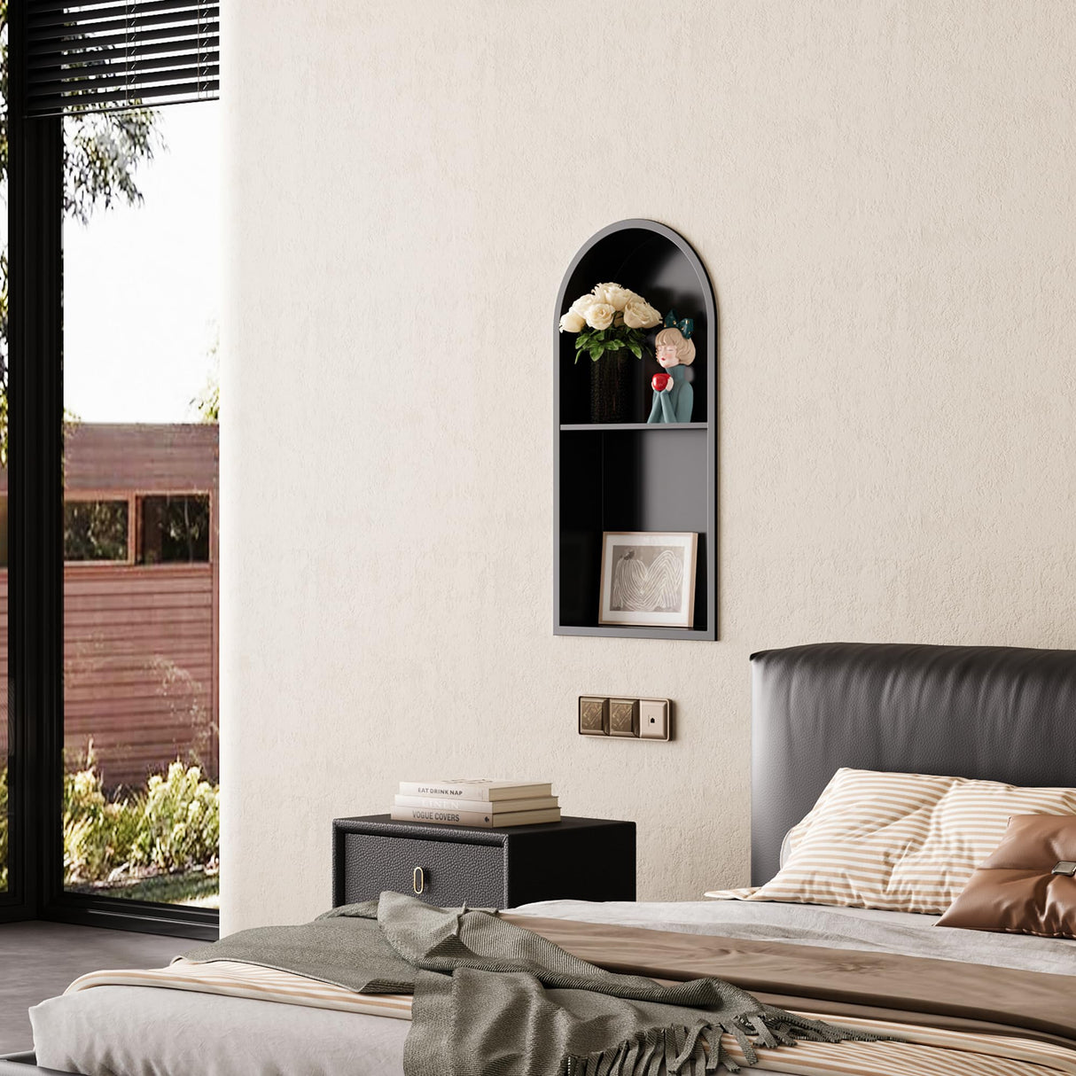 Qeke Stainless Steel Shower Niche 12" X 24", No Tile Needed Arched Niche Double Shelves, Recessed Shower Shelf Arched for Shower Wall, Matte Black Qeke