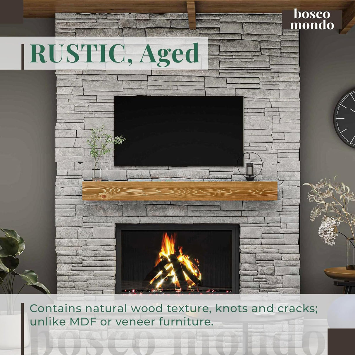 BoscoMondo Fireplace Mantel, Handcrafted Rustic from Solid Pine, Wall-Mounted Floating Farmhouse Shelf - 8x6x48 Oak BoscoMondo