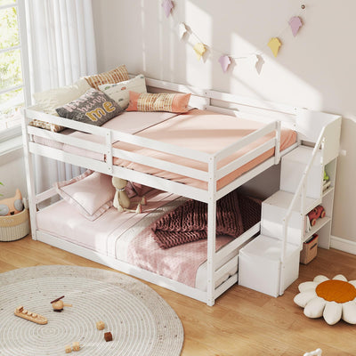 KOMFOTT Wood Full Over Full Low Bunk Bed with Storage Staircase, Wooden Bunk Bed Frame with Full-Length Guardrails, Low Profile Kids Bed with Slats Support, No Box Spring Needed