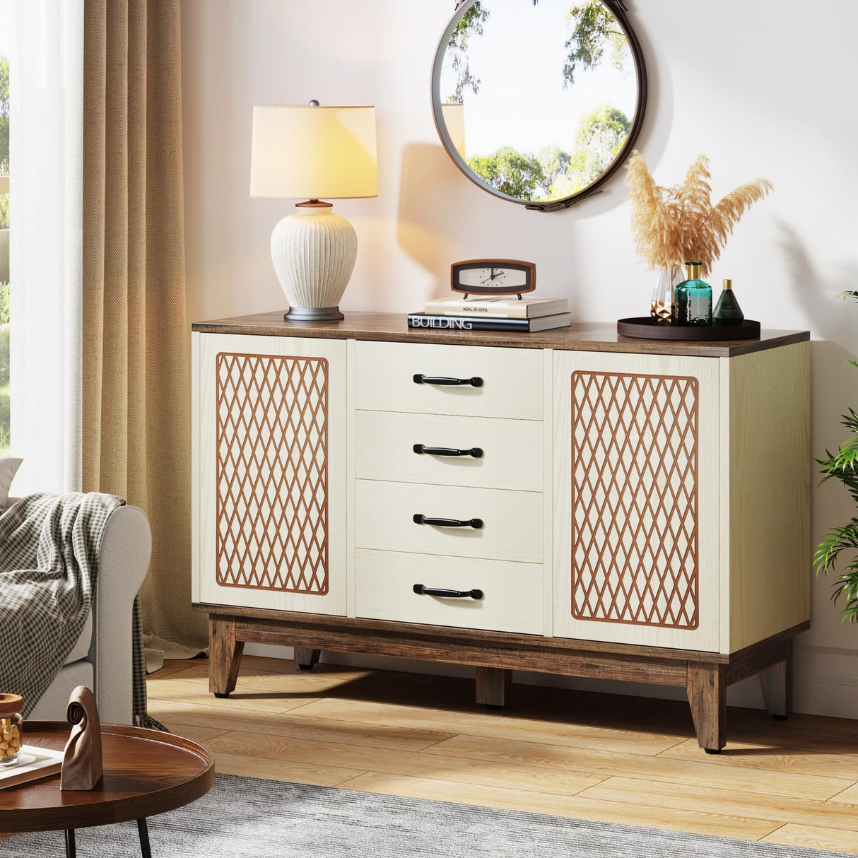 Tribesigns 4 Drawer Dresser, 47.2-Inch Farmhouse Chest of Drawer with 4-Tier Storage Shelves, Wood Dresser Organizer Cabinet for Bedroom Living Room Tribesigns