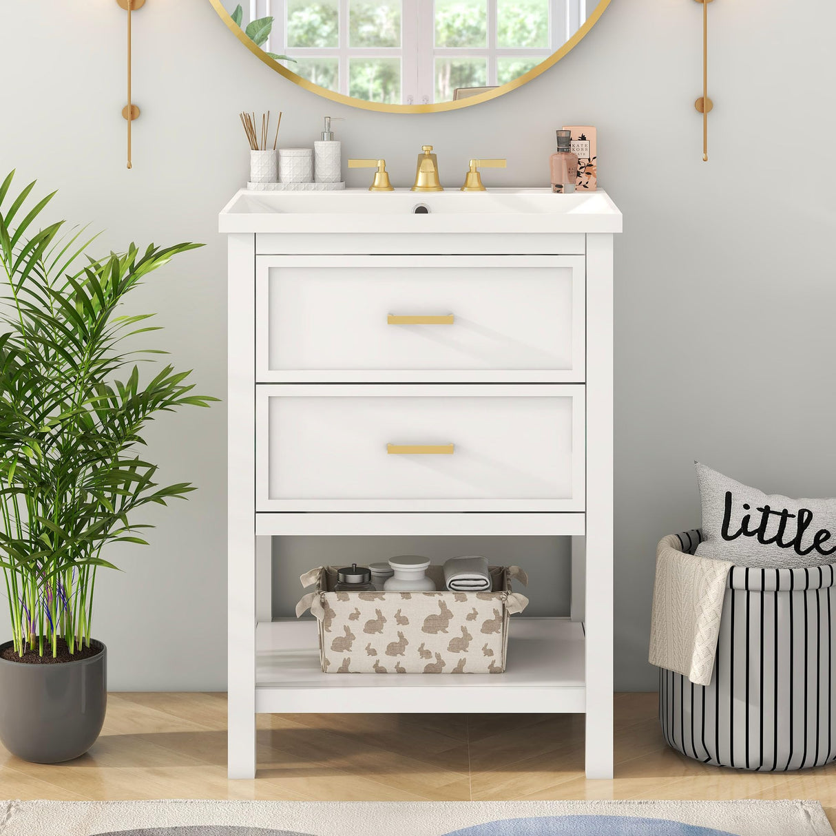 Virubi 24" Bathroom Vanities with Single Sink Combo, Modern Undermount Bathroom Sink Cabinet with Double Drawers and Open Self, Freestanding Bathroom Sink Cabinet (White) Virubi