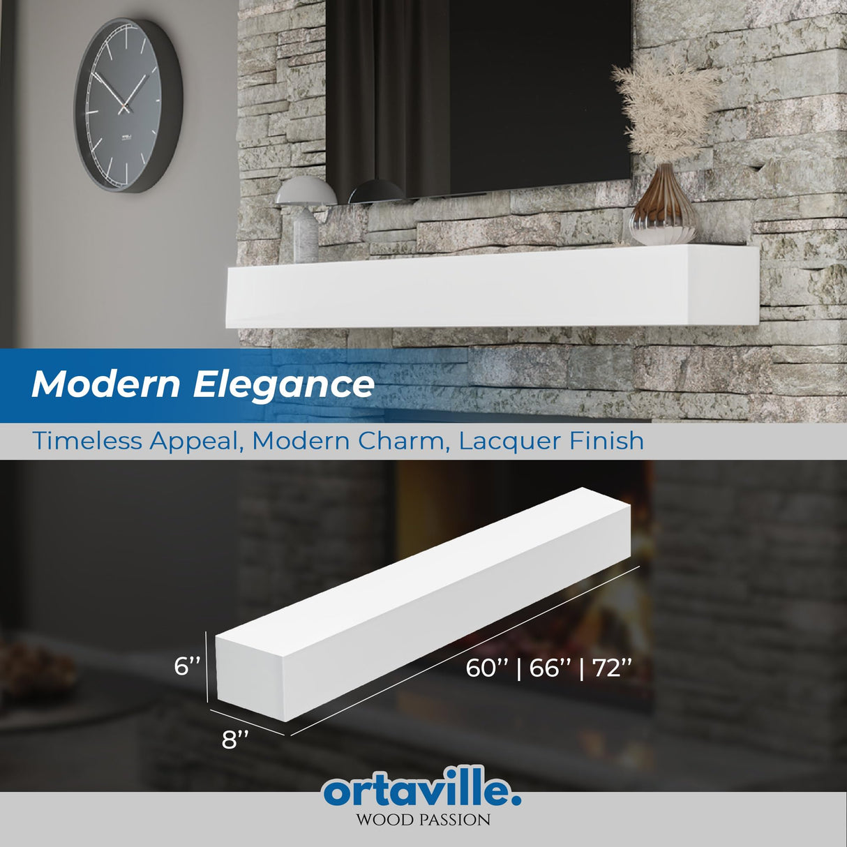 Ortaville Fireplace Mantel, Modern Design, Matte Lacqeur Finish, Wall-Mounted Floating Shelf (72", White) Ortaville