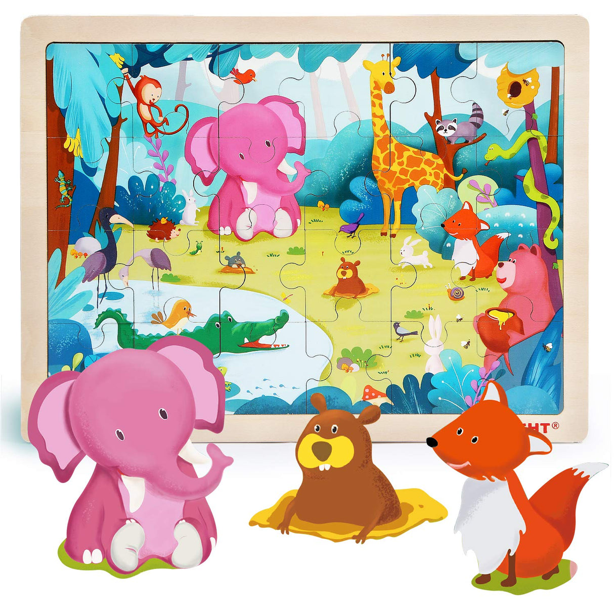 TOP BRIGHT 24 Piece Toddler Puzzles 3 Year Old - Wooden Jigsaw Puzzles for Kids Ages 4-8 - Forest Animals TOP BRIGHT