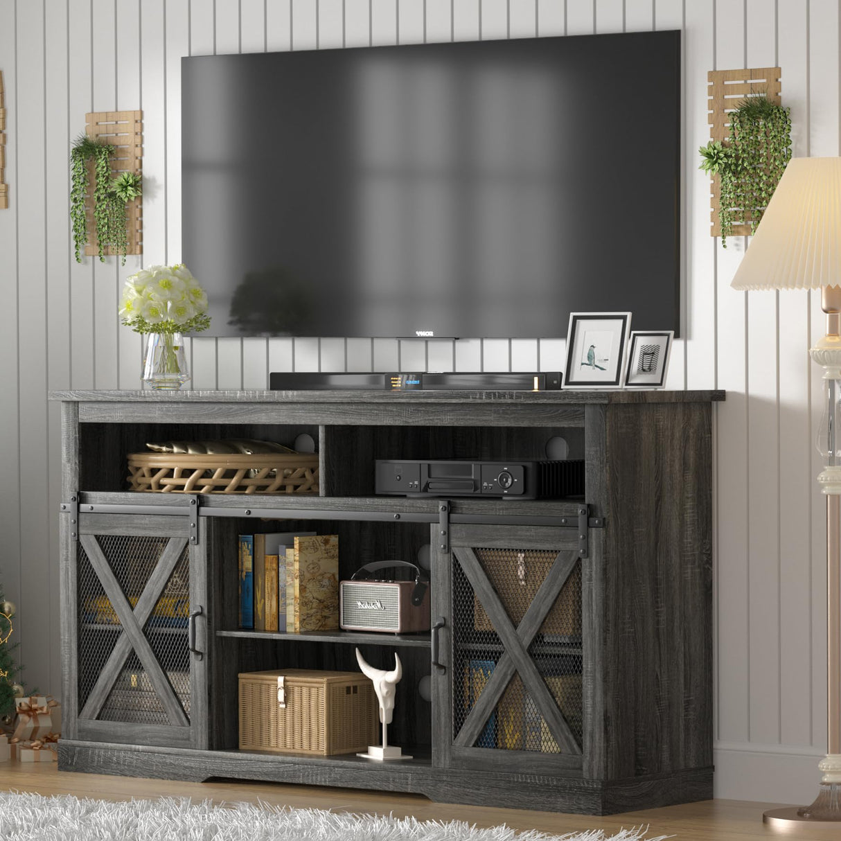 Xilingol Farmhouse Style TV Stand for 65+ Inch TV, 34" Tall Entertainment Center with Barn Door, Television Cabinets & Storage Shelves, 65" TV Stands for Living Room, Grey Xilingol