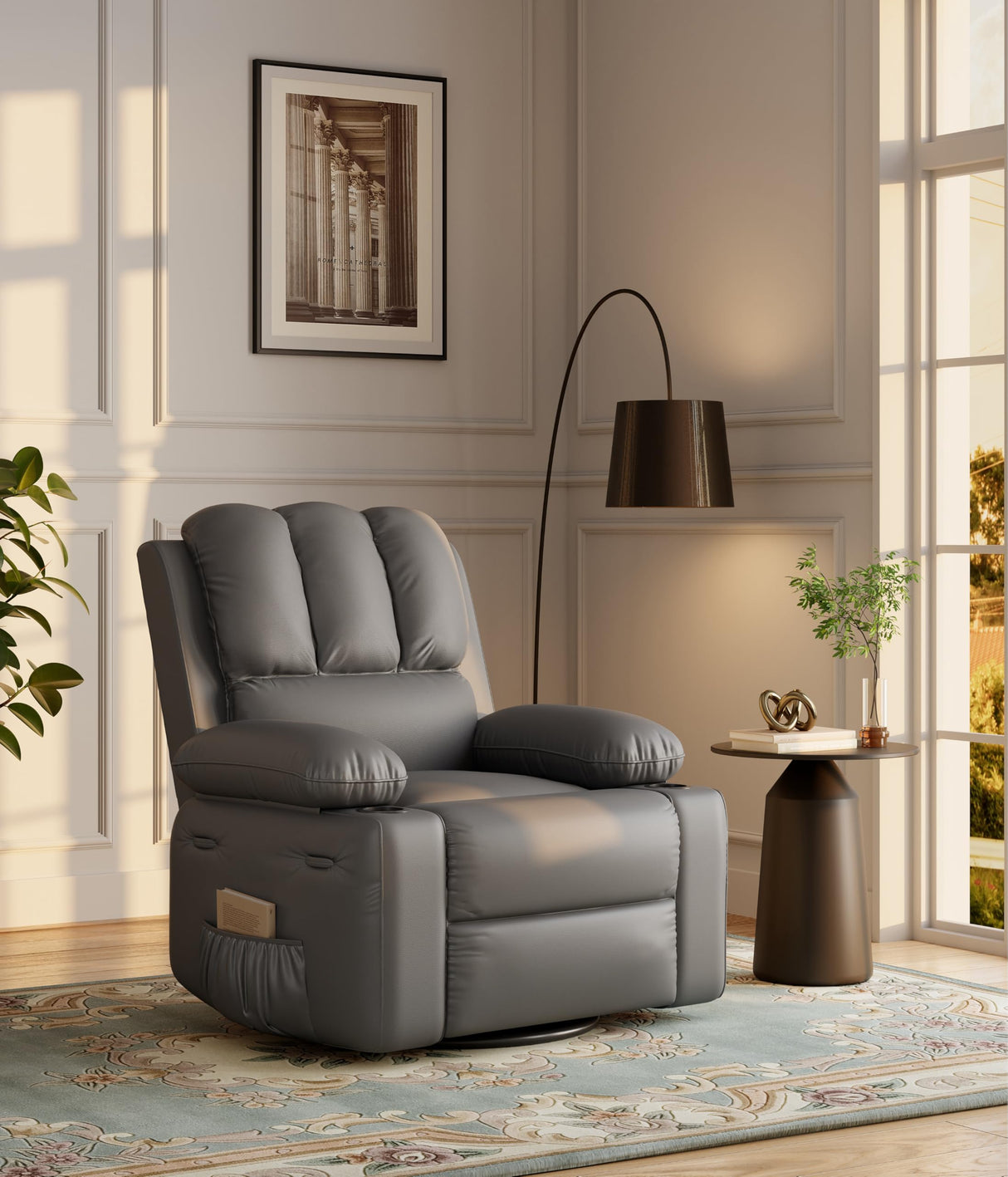 Manual Recliner Chair Sofa, Oversized PU Leather Recliner, Comfy Armchair for Living Room or Bedroom, Grey Reclining Chair, Leather Recliner Chair for Adults, Gaming Sofa Chair GarveeLife