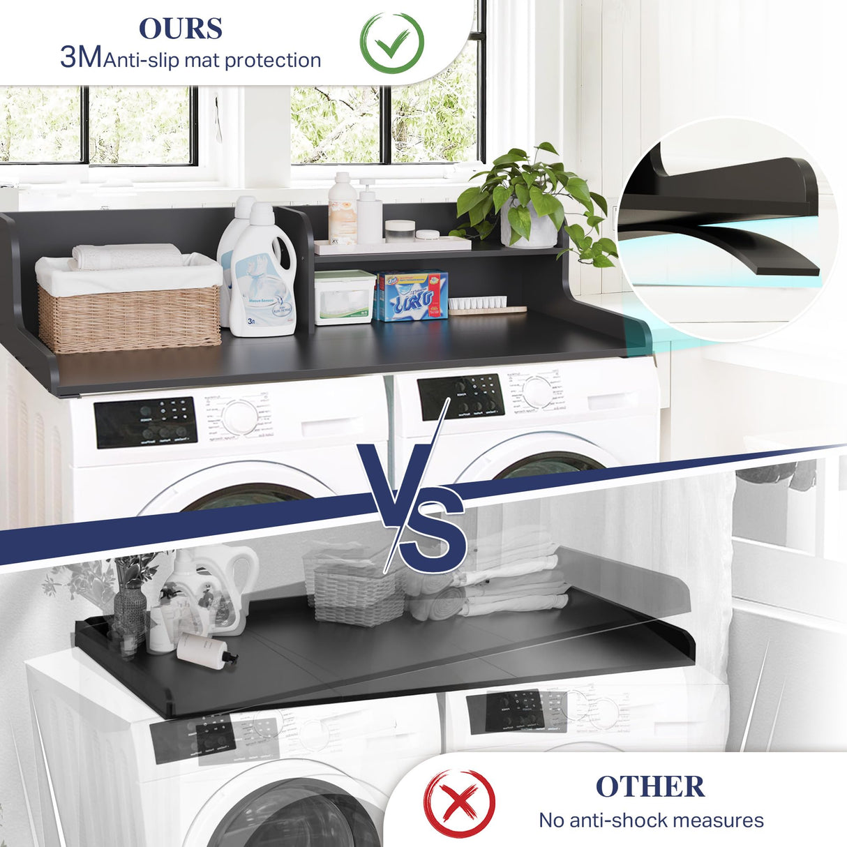 DTK Washer Dryer Wood Countertop with Shelf, Laundry Topper with Non-Slip Mat,27.55" Depth x 54" Width Dryer Covers for The Top with Edge Rails, Black DTK