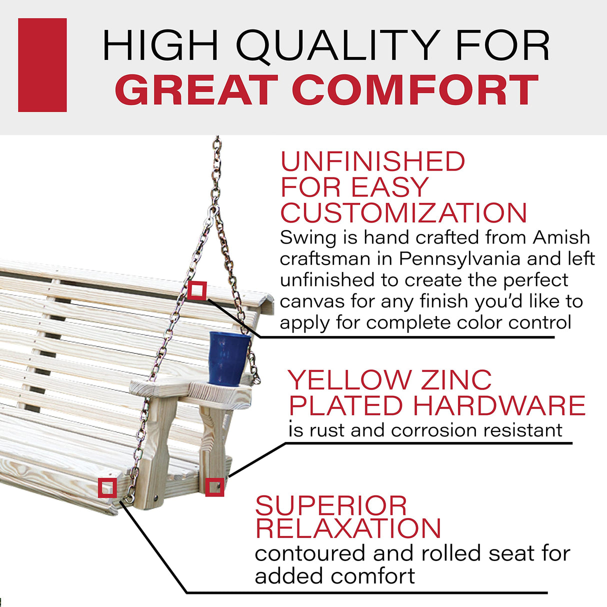 Amish Casual Heavy Duty 700 Lb Roll Back Treated Porch Swing with Hanging Chains and Cupholders (5 Foot, Unfinished) Amish Casual