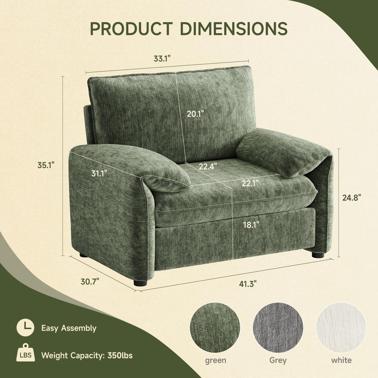 ONBRILL Oversized Accent Chair, 41 Inch Chenille Fabric Armchair, Comfy Single Sofa Chair with Padded Arms, Pocket Spring Cushion, Modern Reading Chair for Living Room, Bedroom, Green ONBRILL