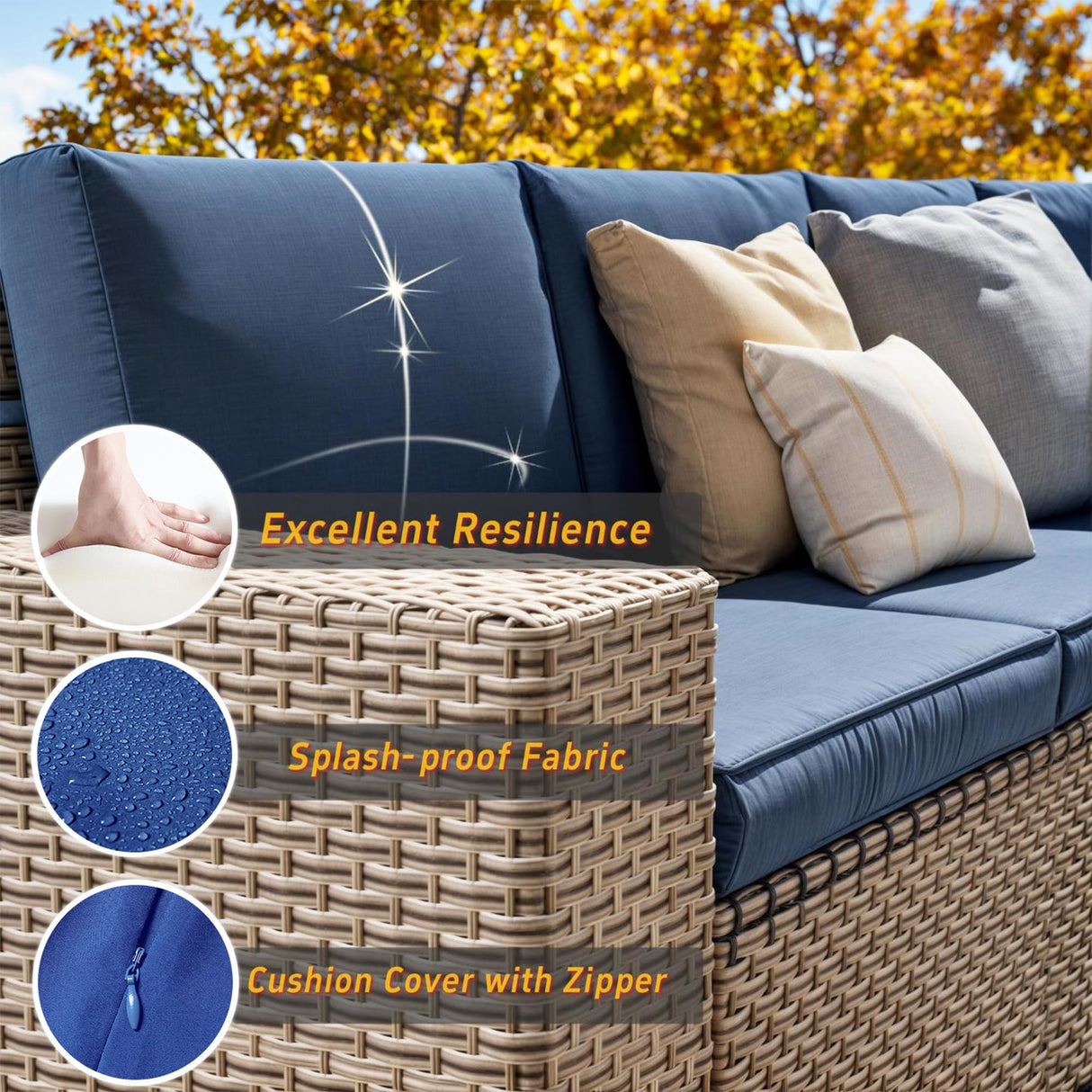 Aukreolis 7 Pieces Patio Furniture Set with Fire Pit Table, Outdoor Sectional Wicker Sofa with Thickened Cushions and Coffee Table, High Back Rattan Patio Conversation Sets, Navy Aukreolis