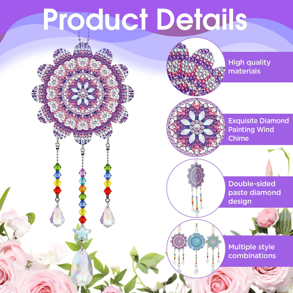 Macarrie 3 Pack Rhinestone Painting Suncatcher Wind Chime Double Sided Crystal Rhinestone Painting Hanging Ornament Flower Shape Suncatcher Kit for Adults DIY Window Home Garden(Fresh Style) Macarrie